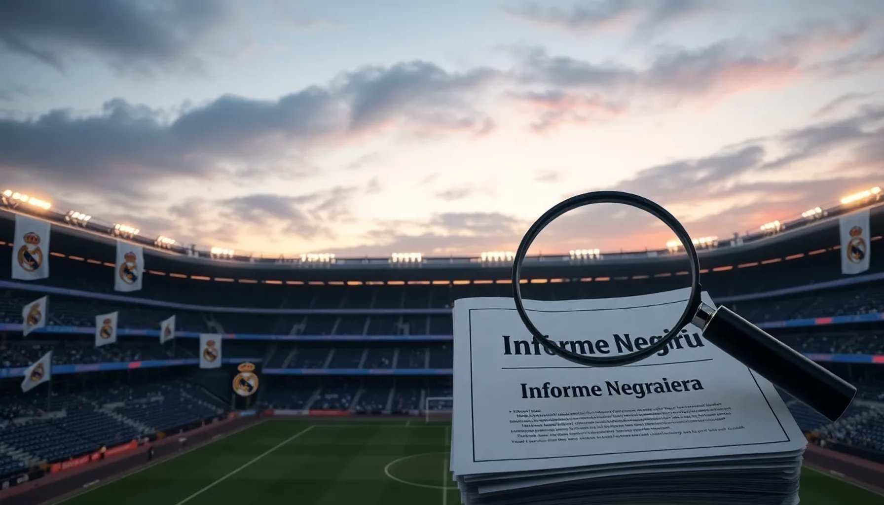 Estadio Santiago Bernabéu con banderas del Real Madrid y una lupa simbolizando la investigación del caso Negreira