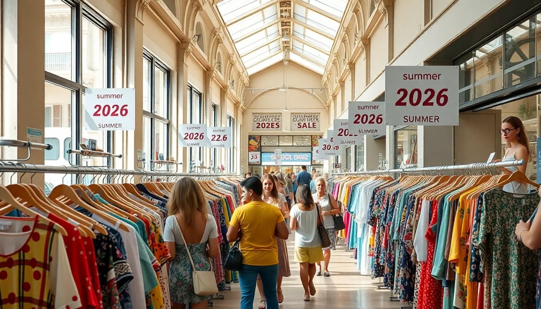 Personas revisando ropa de verano en una tienda Zara con letrero de rebajas 2026