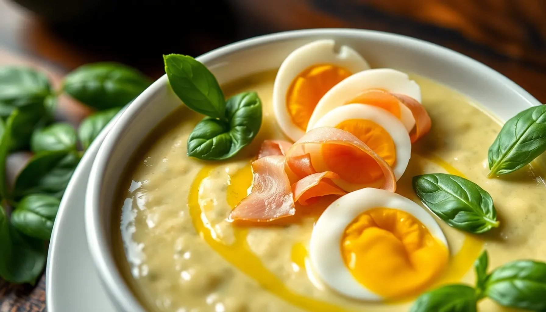 Salmorejo de aguacate servido en cuenco blanco, decorado con huevo duro y jamón crujiente