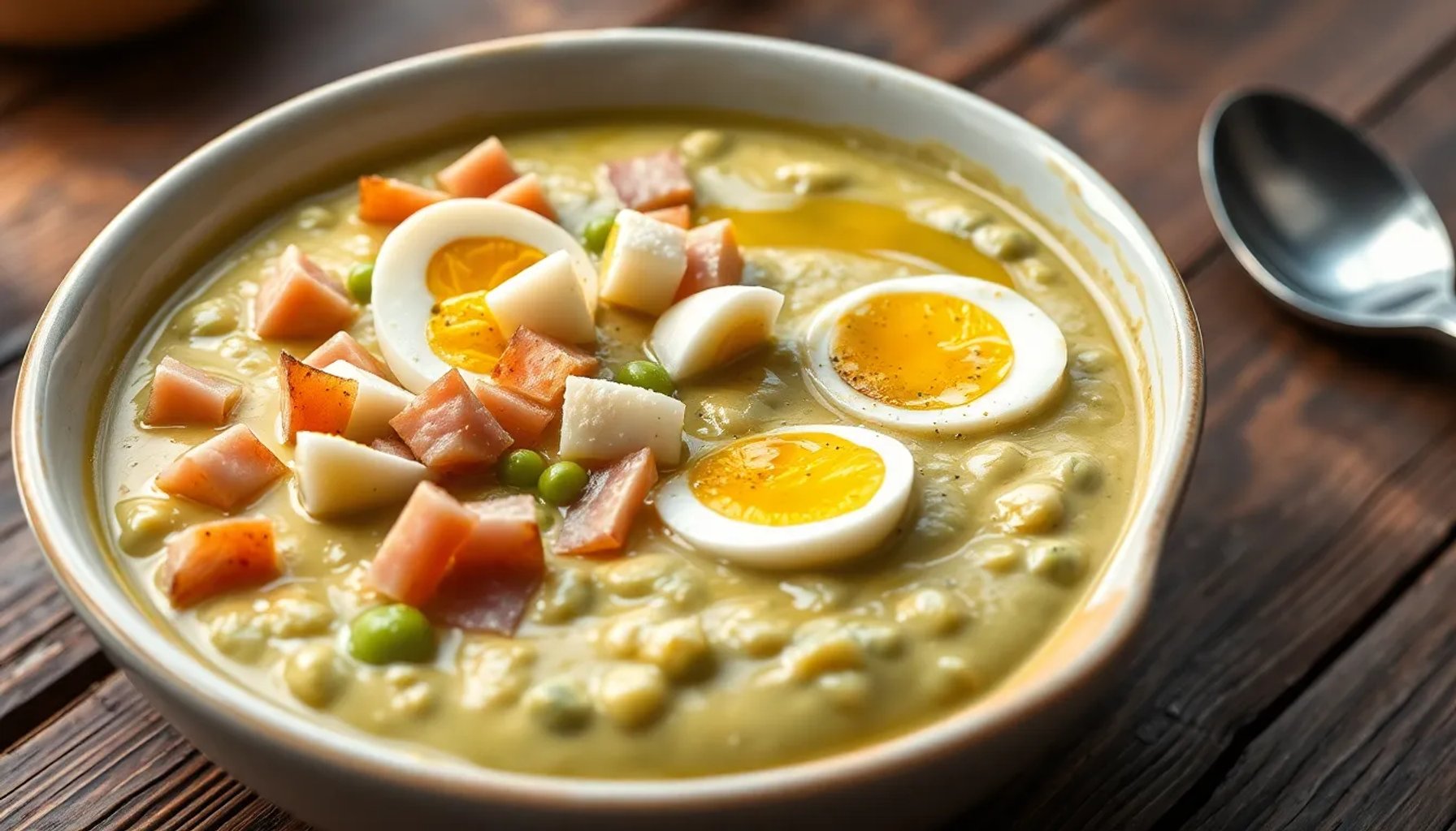 Cuenco de salmorejo cremoso de aguacate con huevo duro y jamón serrano encima
