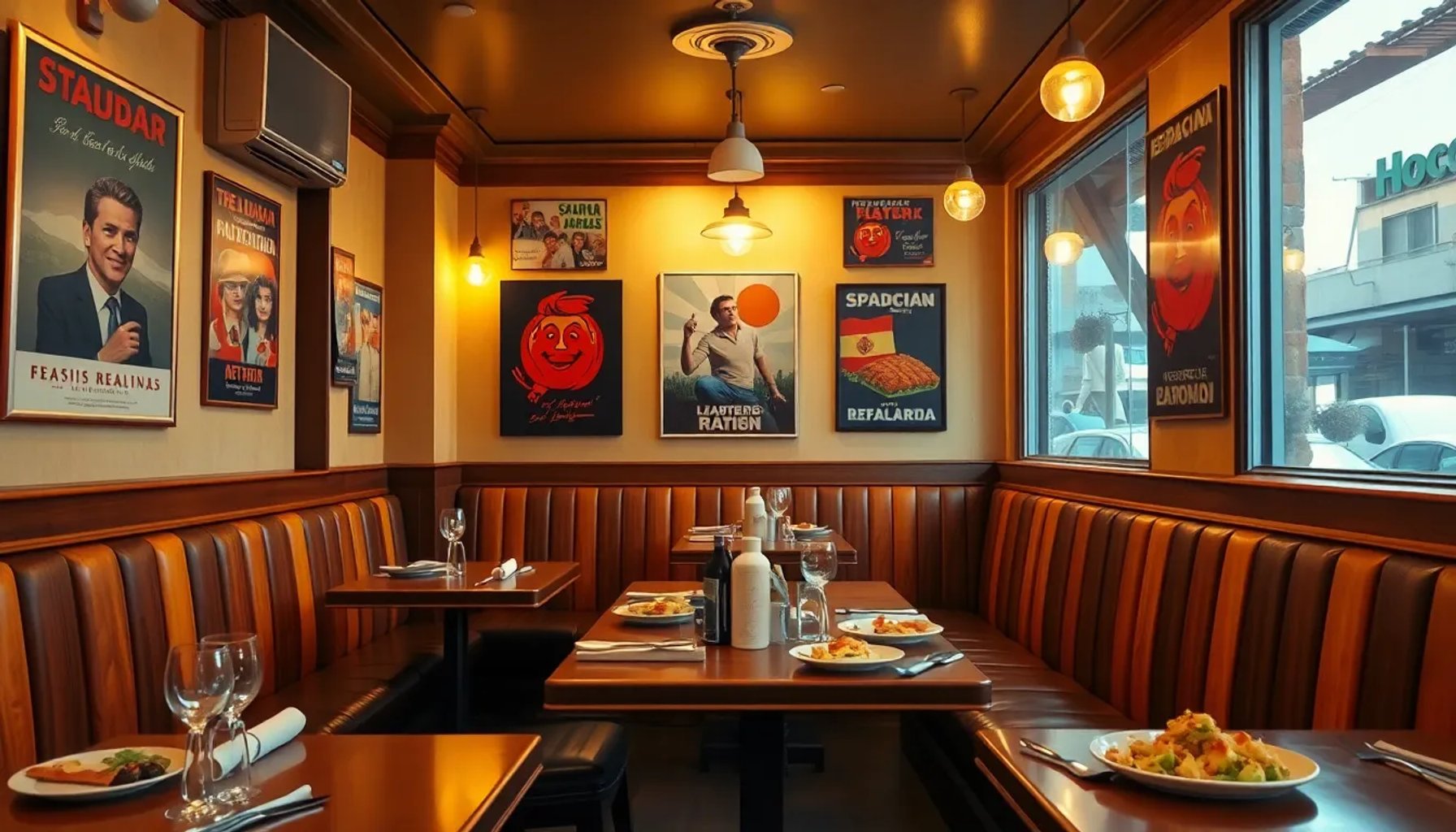 Interior del Restaurante Paolo en Madrid con decoración de los años 70, mesas de madera, luces cálidas y posters retro