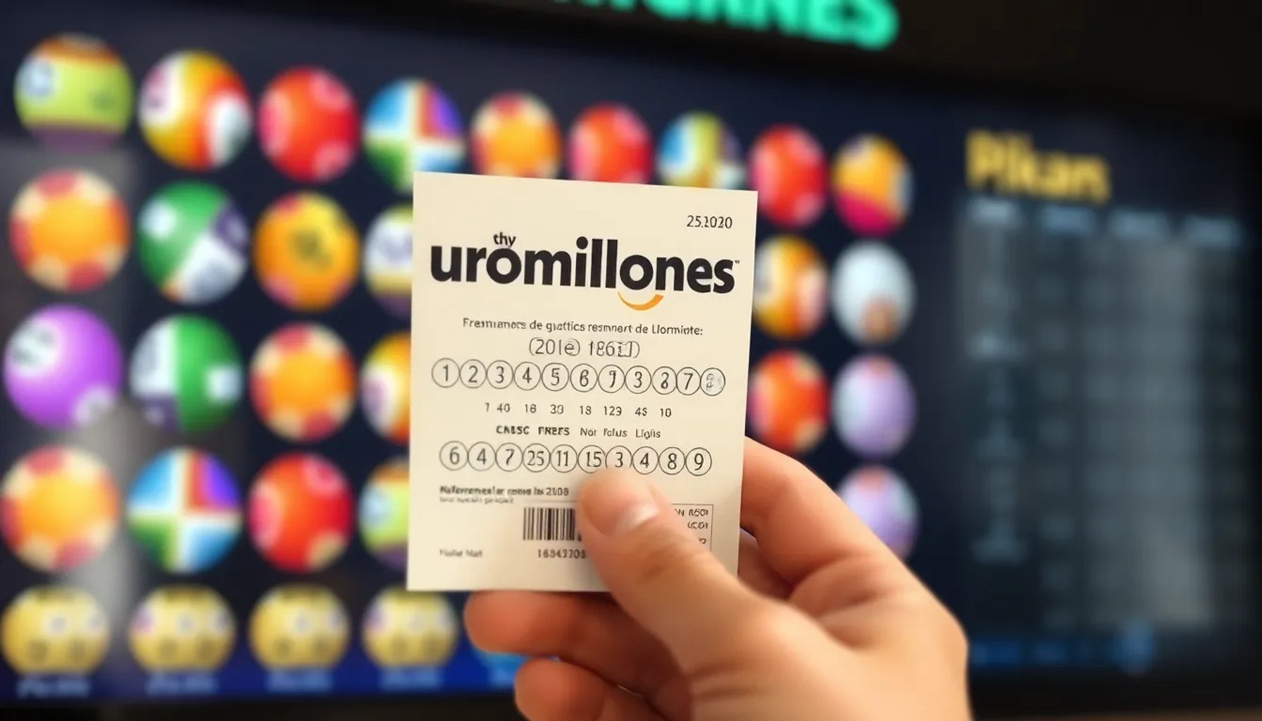 Persona revisando un boleto de Euromillones con expresión de expectativa frente a una pantalla que muestra los números del sorteo