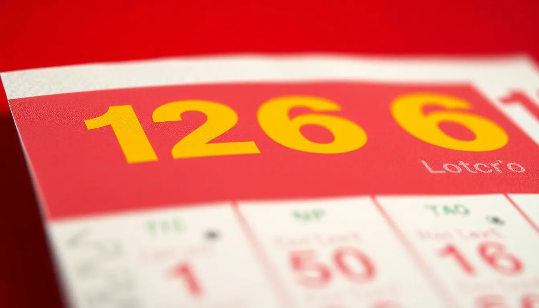Ticket de Lotería Nacional con números brillantes y fondo rojo, mostrando el premio mayor