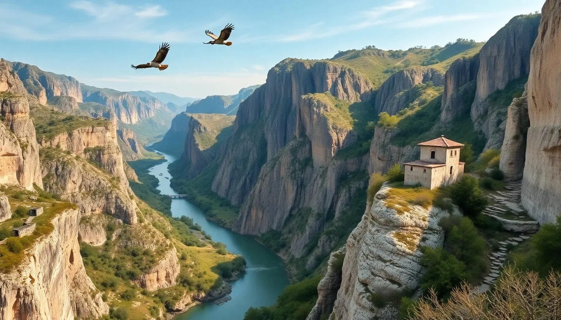 Vista panorámica del cañón del Río Lobos con acantilados de 100 metros, buitres leonados sobrevolando y la ermita templaria de San Bartolomé al fondo