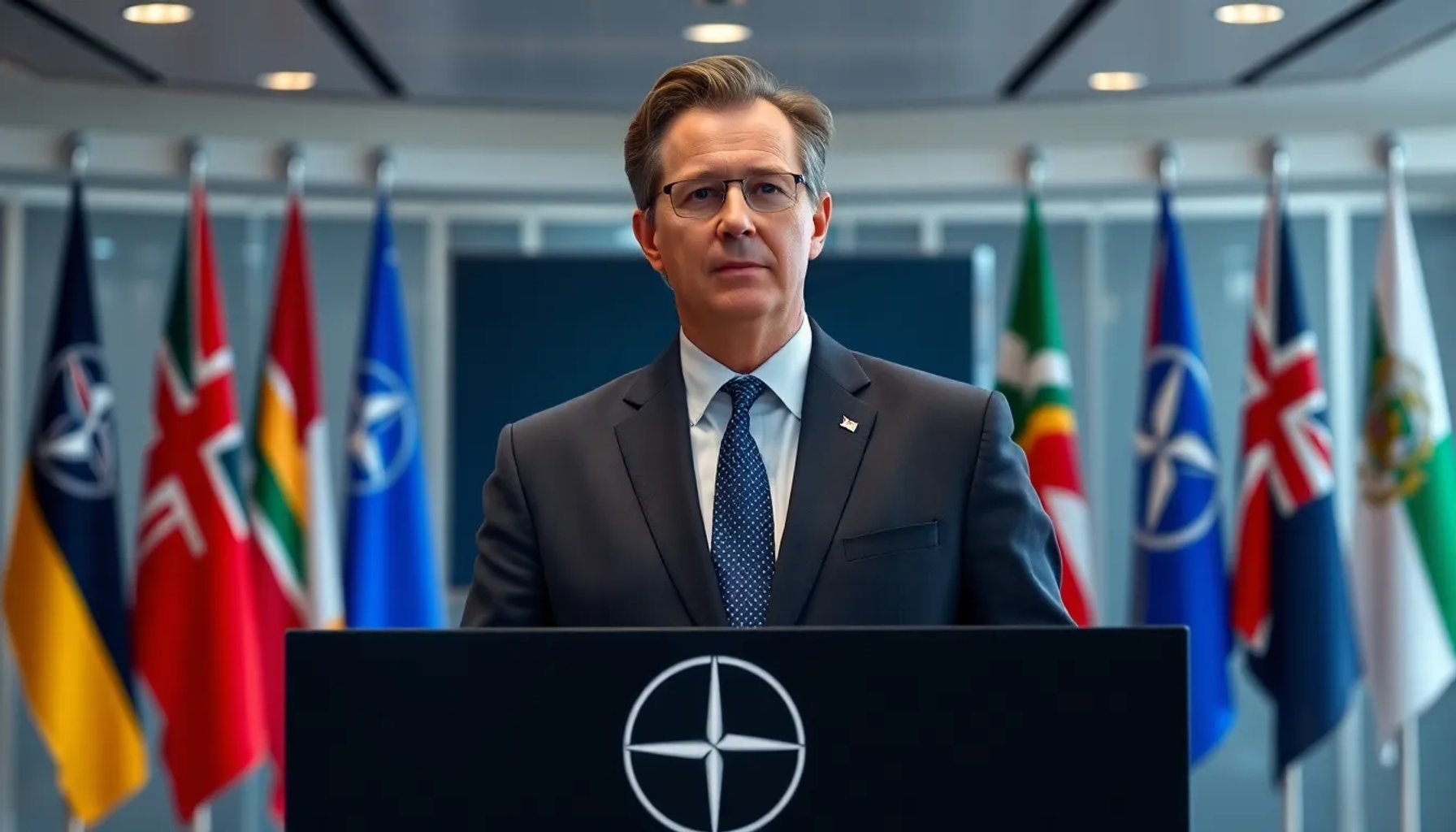 Mark Rutte hablando en una cumbre de la OTAN con la bandera de la alianza al fondo