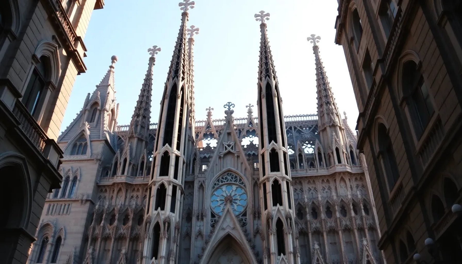 Vista exterior de la Sagrada Família con sus torres y detalle de la fachada del Nacimiento bajo un cielo azul