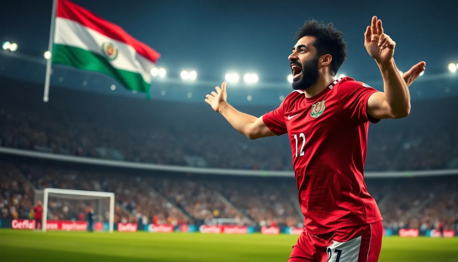 Mohamed Salah celebra el gol que dio a Egipto su primera victoria en un Mundial, rodeado de compañeros y la afición