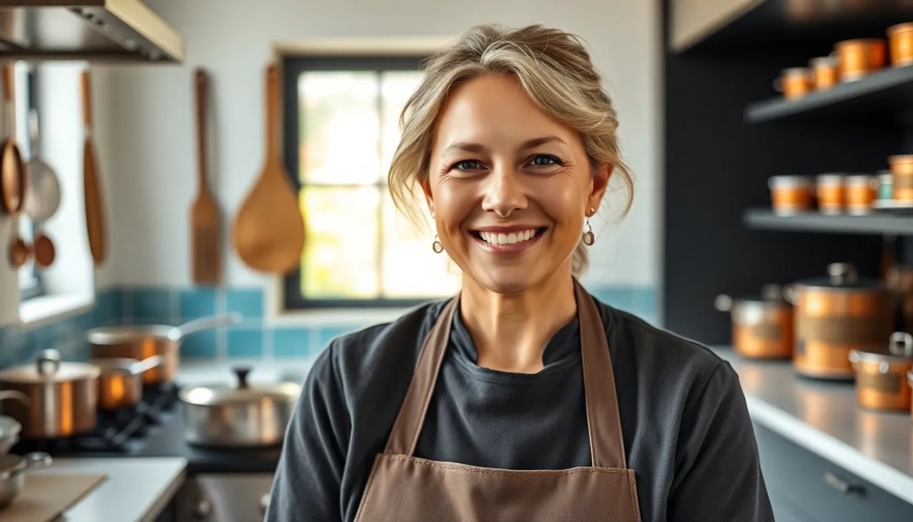 Samantha Vallejo-Nágera sonriendo mientras sostiene una tabla de quesos en su cocina profesional