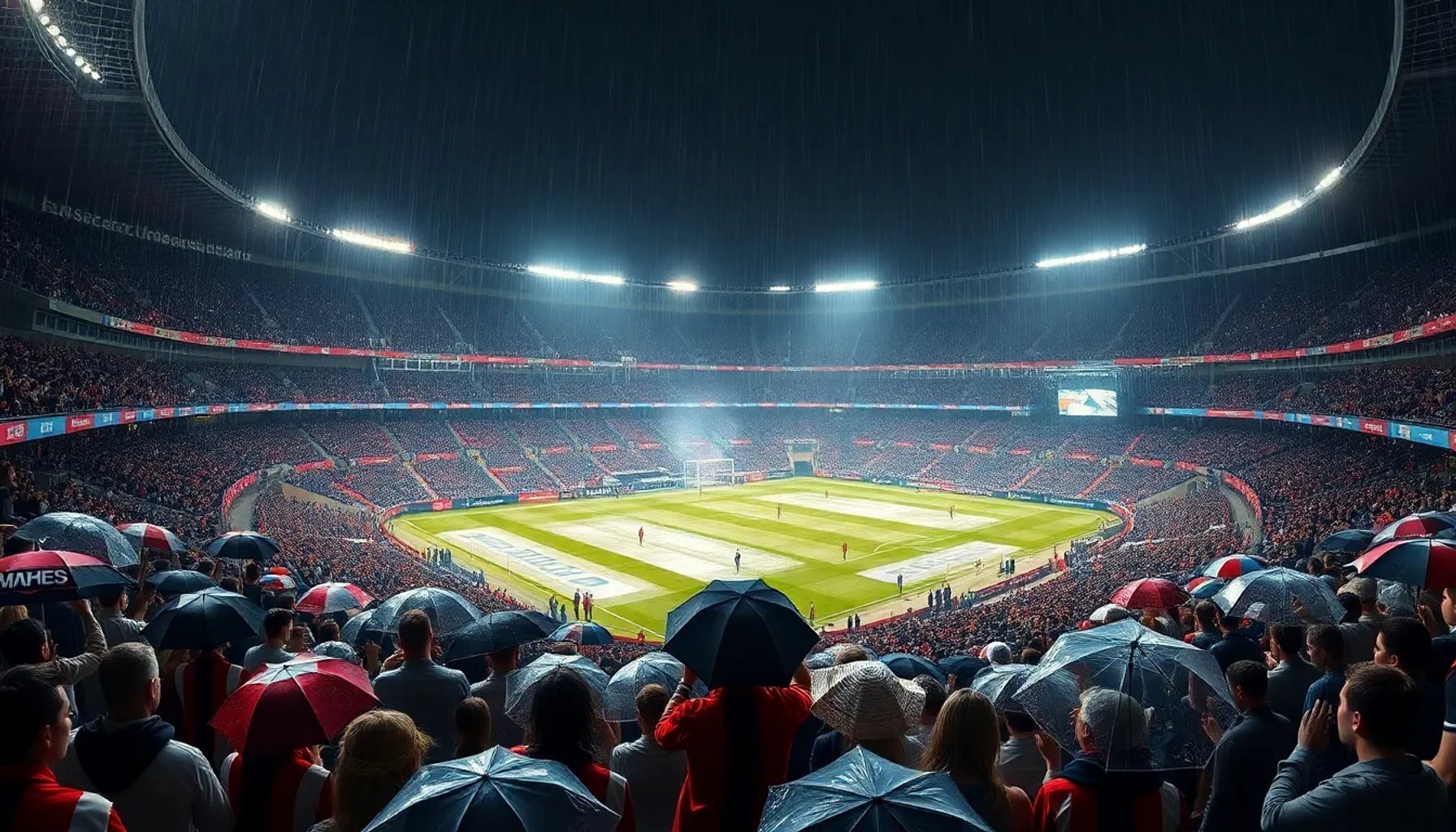 Multitud bajo la lluvia en el estadio San Mamés, con luces y banderas ondeando mientras se celebra una fiesta nocturna.