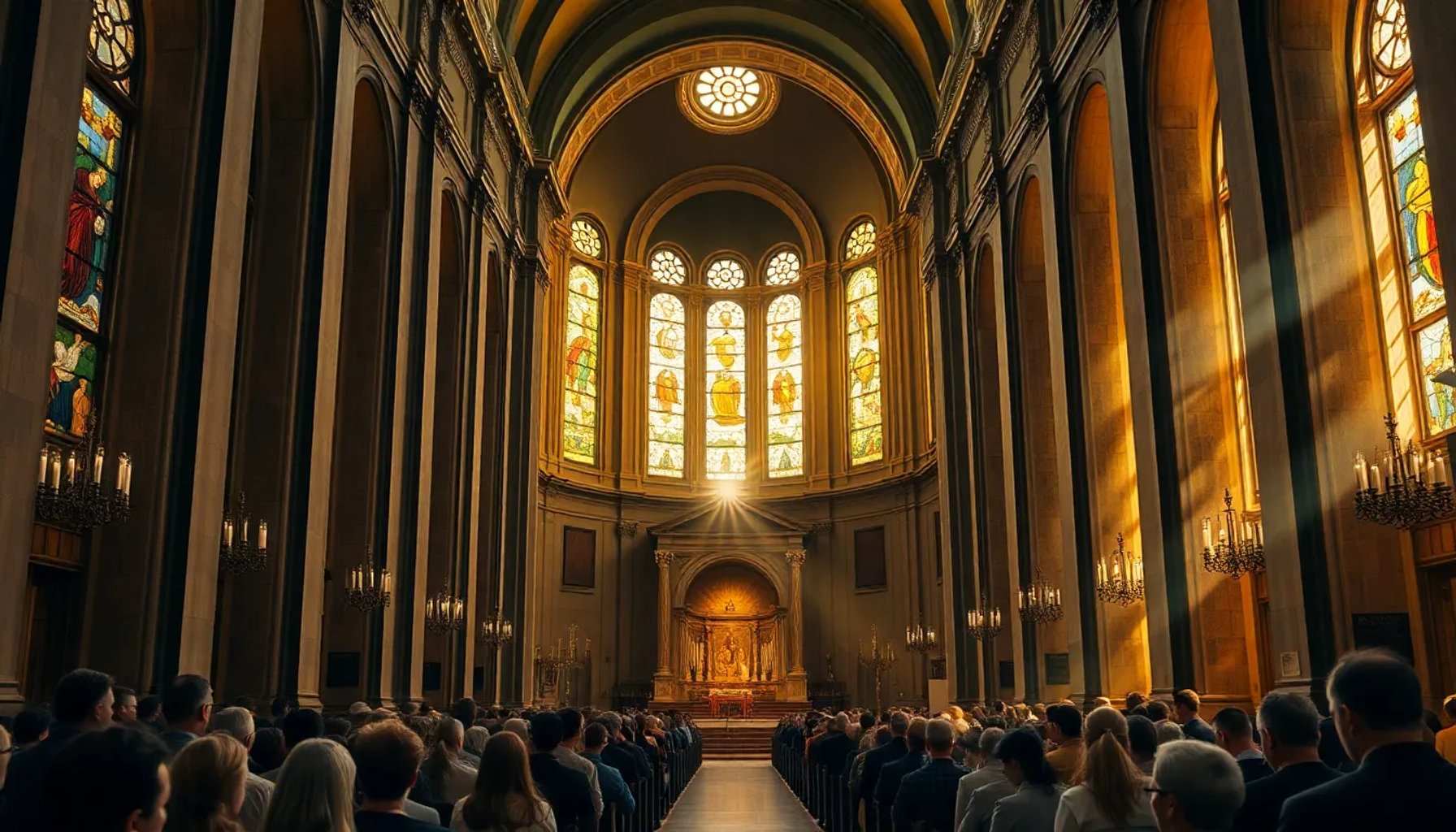 Imagen de la Catedral de la Almudena en Madrid durante una misa pontifical, con luz dorada resaltando el altar y la congregación