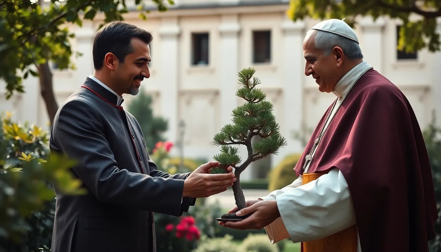 Presidente Pedro Sánchez entregando un bonsái de pino negro al Papa León XIV en el Vaticano