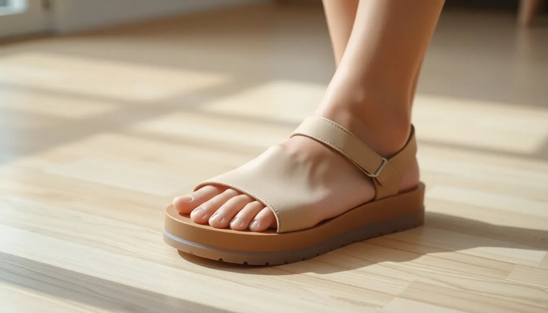 Sandalia Skechers de tono beige arena con correas anchas y suela flexible, vista lateral sobre superficie de madera clara