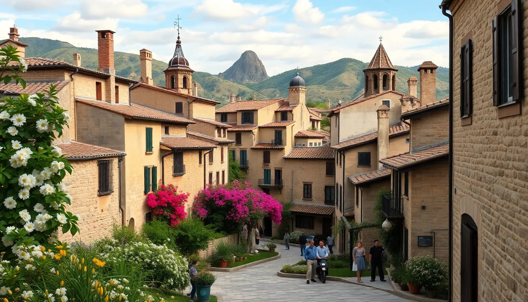 Vista panorámica de Santa Pau, pueblo medieval rodeado de volcanes en primavera