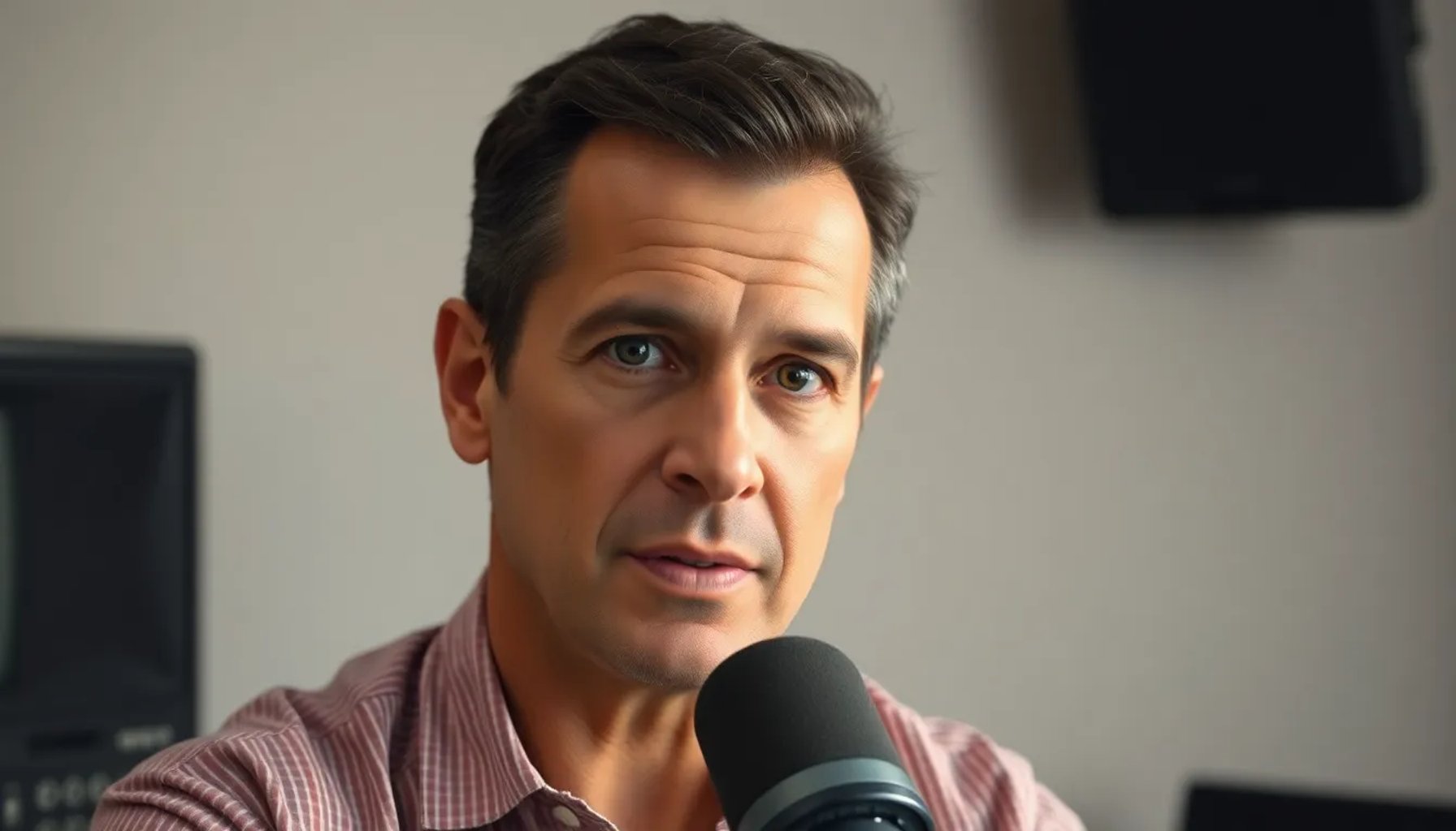 Santiago Cañizares hablando frente a un micrófono en un estudio de televisión, con expresión seria y fondo neutro