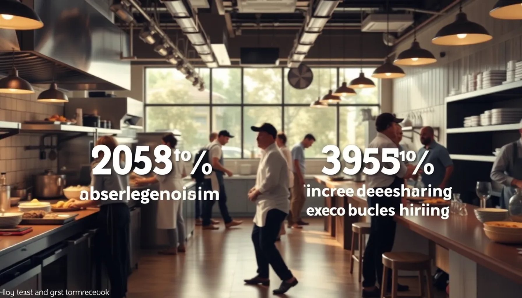 Cocina de restaurante española con empleados trabajando y clientes disfrutando, ilustrando la presión de contratación por absentismo.