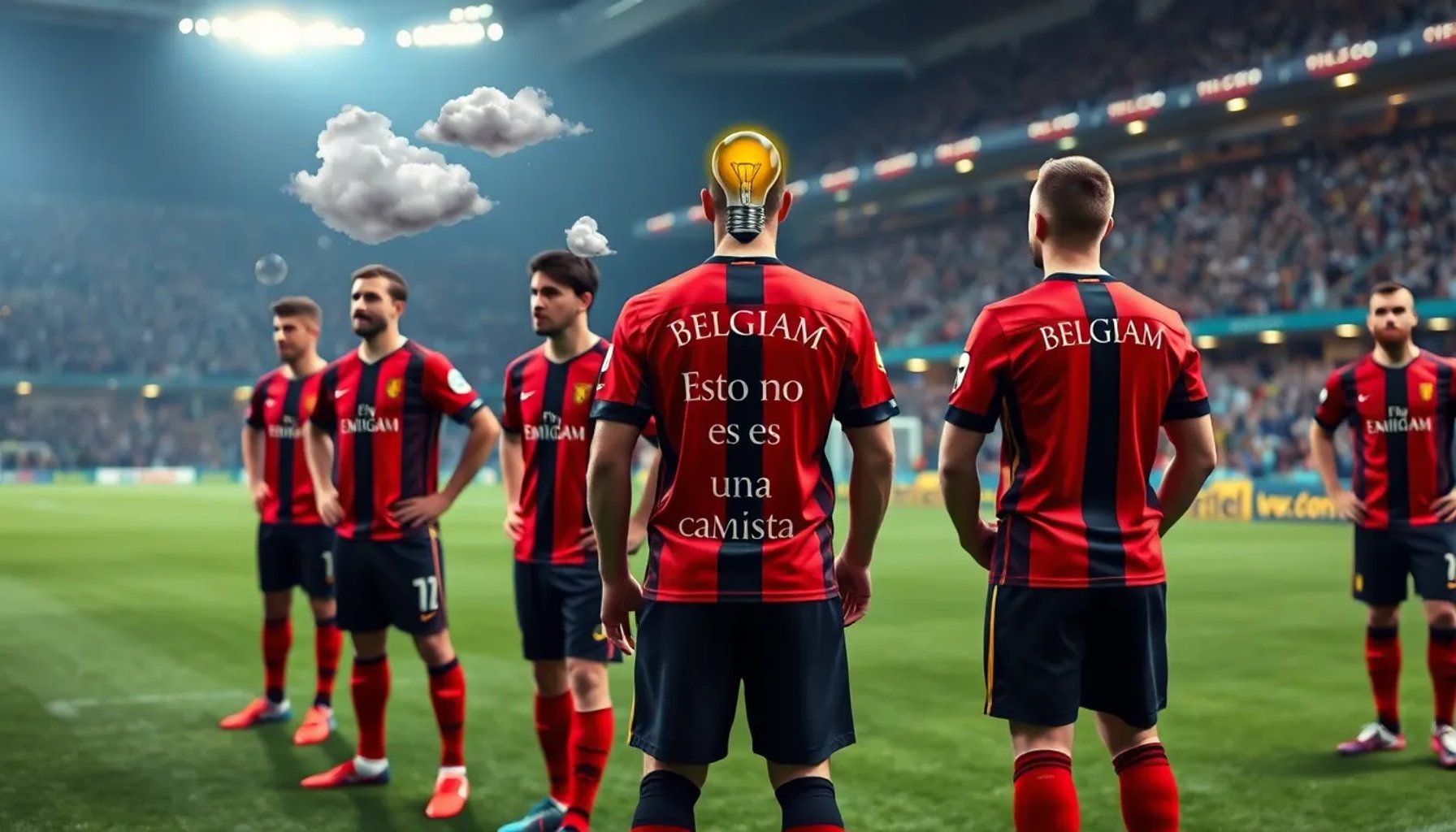 Jugadores de la selección belga vistiendo una camiseta con diseño surrealista inspirado en René Magritte, bajo luces de estadio.