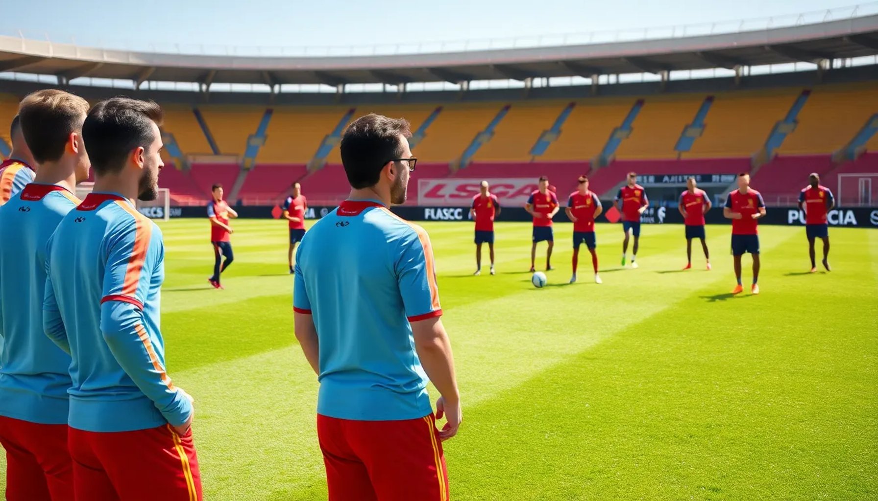 Jugadores de la selección española entrenando en el campo, bajo la mirada del entrenador Luis de la Fuente