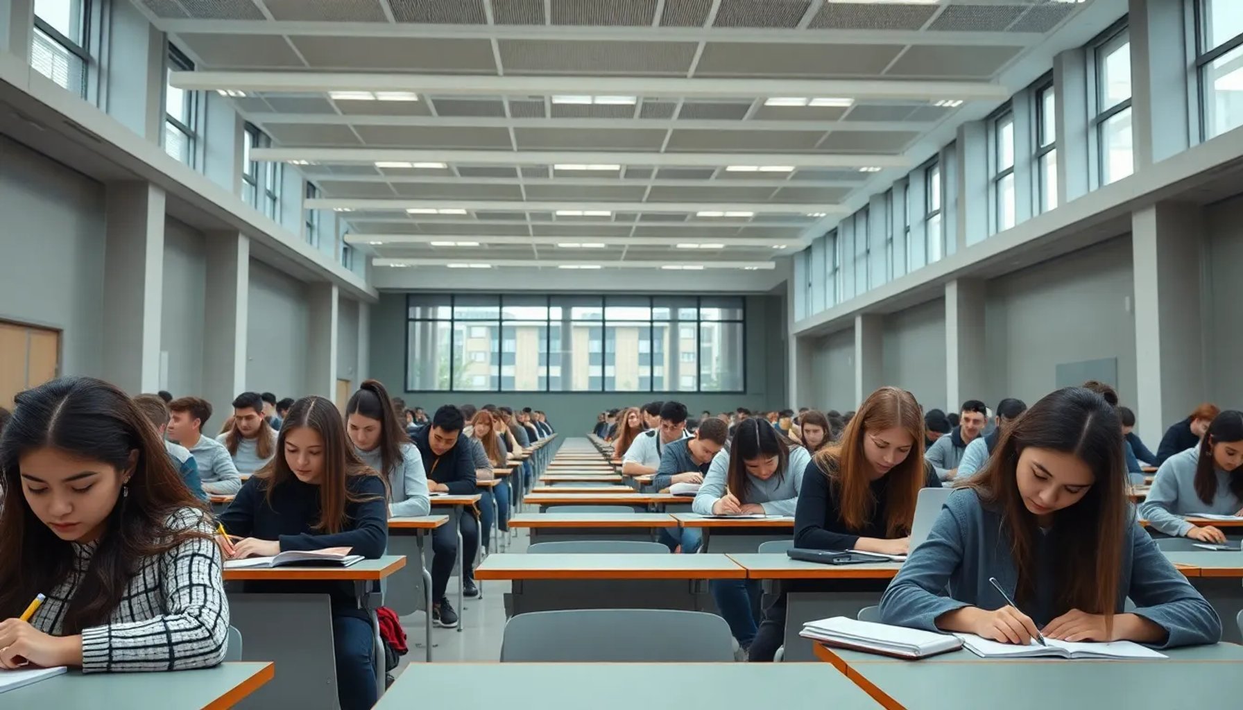 Estudiantes en un aula de examen de la PAU 2026 en la Universidad Complutense de Madrid, concentrados con sus pruebas