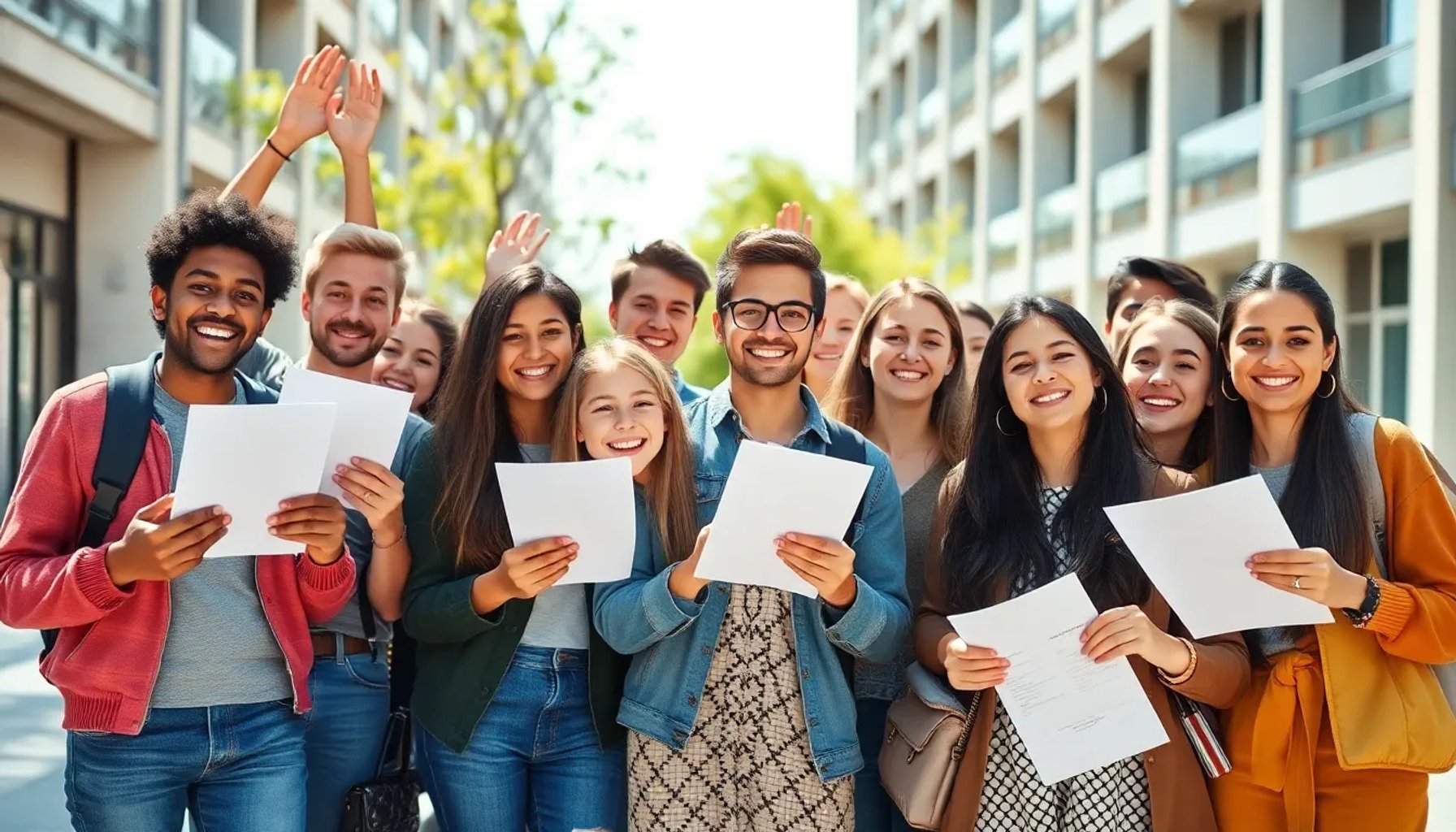 Students celebrating their 2026 Selectividad results in Madrid, showing high pass rate