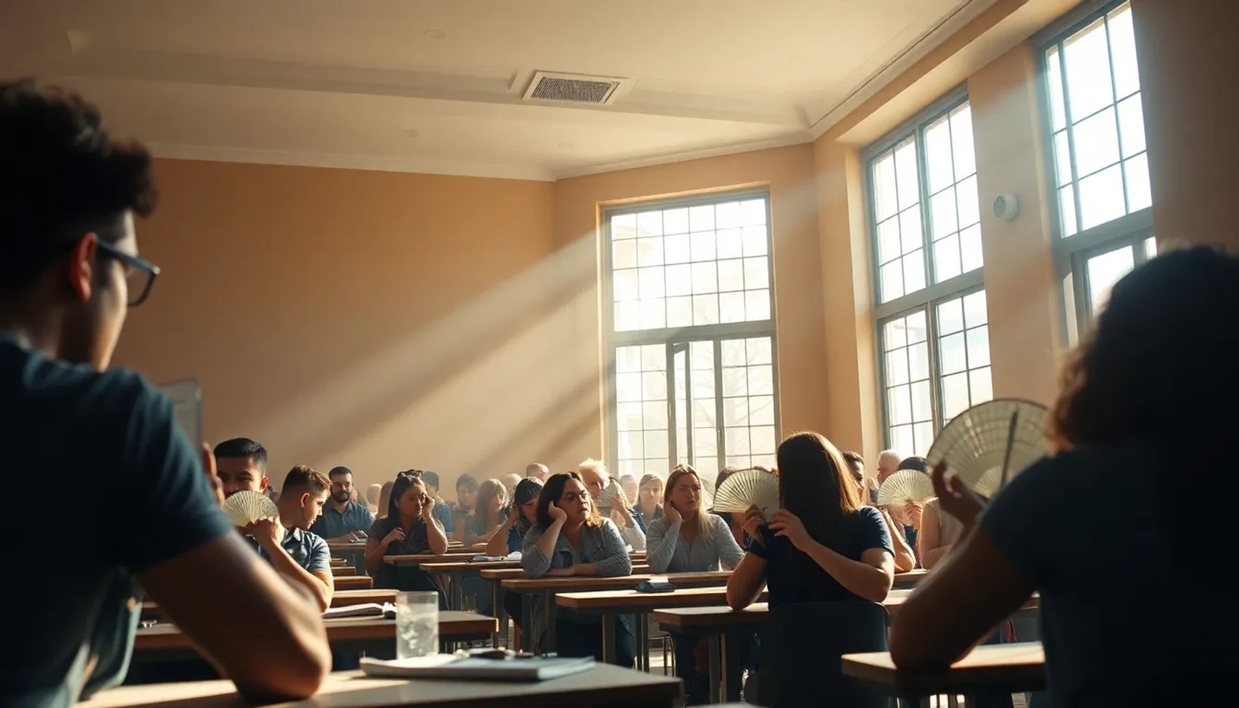 Estudiantes sudando en una aula abarrotada bajo un sol intenso con ventiladores trabajando