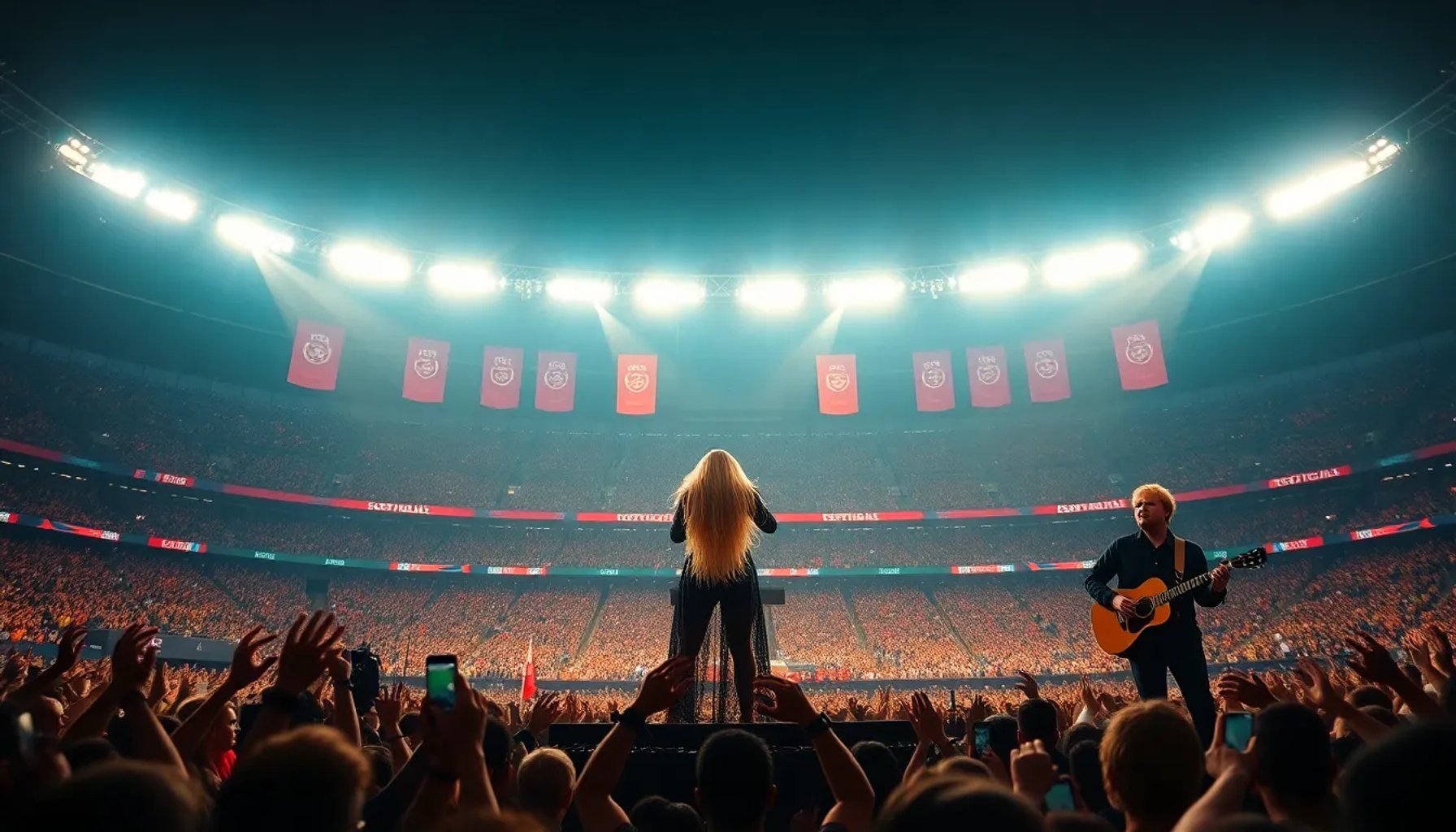 Shakira cantando "Dai Dai" en un estadio iluminado, rodeada de banderas de fútbol y con Burna Boy al piano
