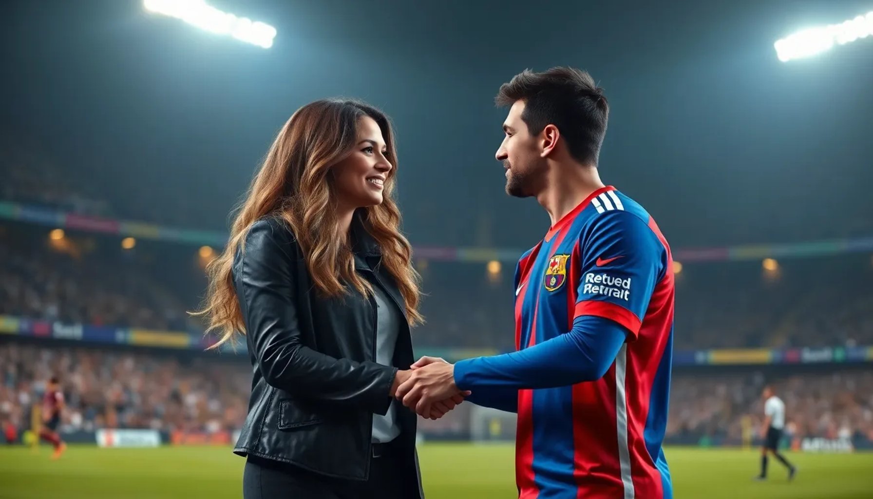 Shakira y Lionel Messi compartiendo un momento amistoso en el estadio tras el partido Argentina vs Argelia, Mundial 2026