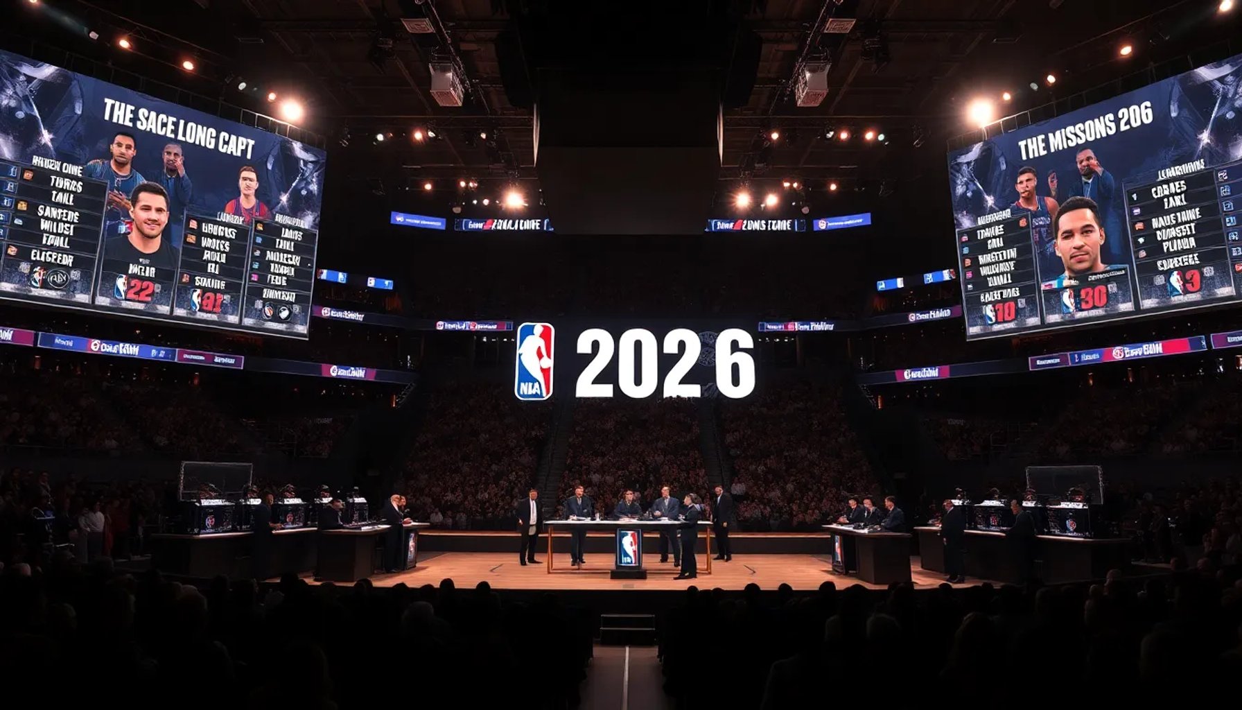 Escenario del draft de la NBA 2026 con mesas de selección y pantallas mostrando los nombres de los prospectos
