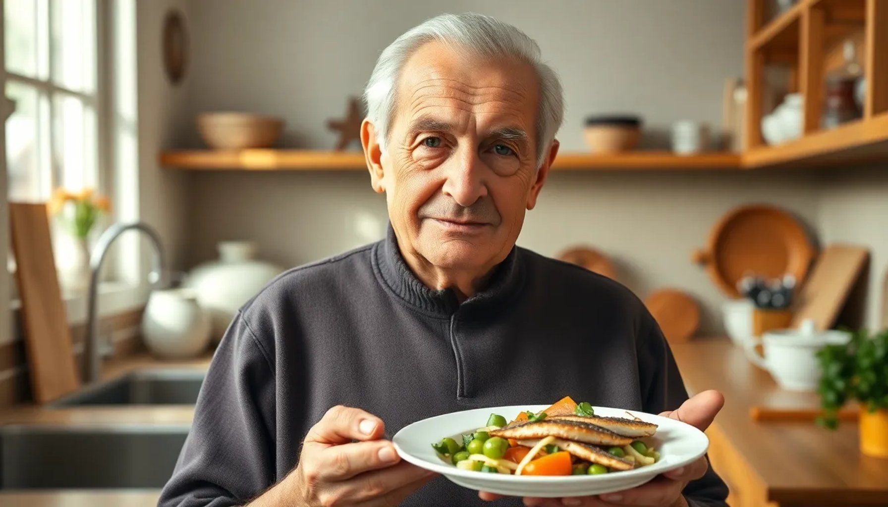 Silvio Garattini, oncólogo de 97 años, sonriendo mientras sostiene una pequeña porción de alimento en una mano