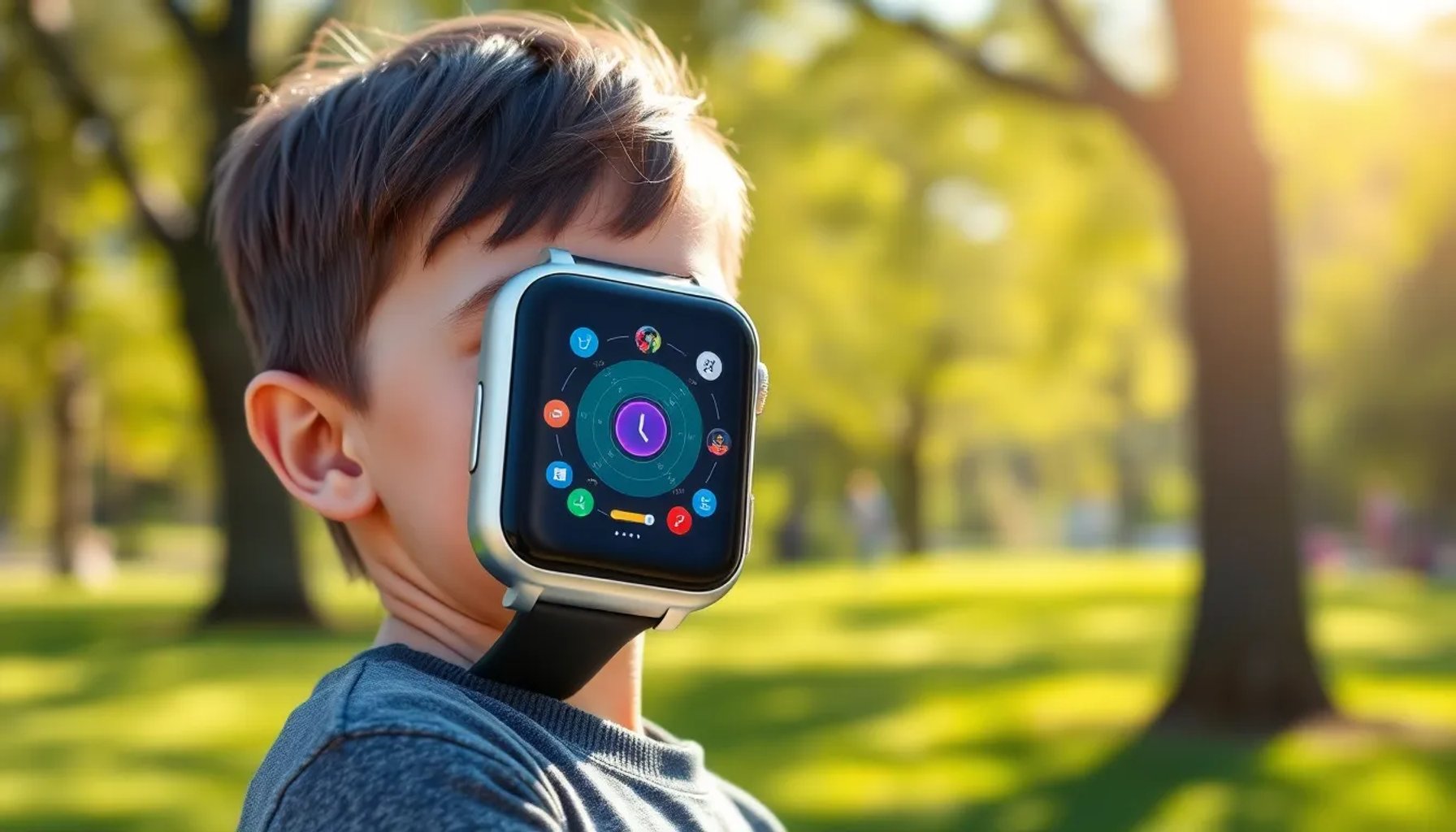 Niño usando un smartwatch color plateado con pantalla táctil y correa de silicona negra