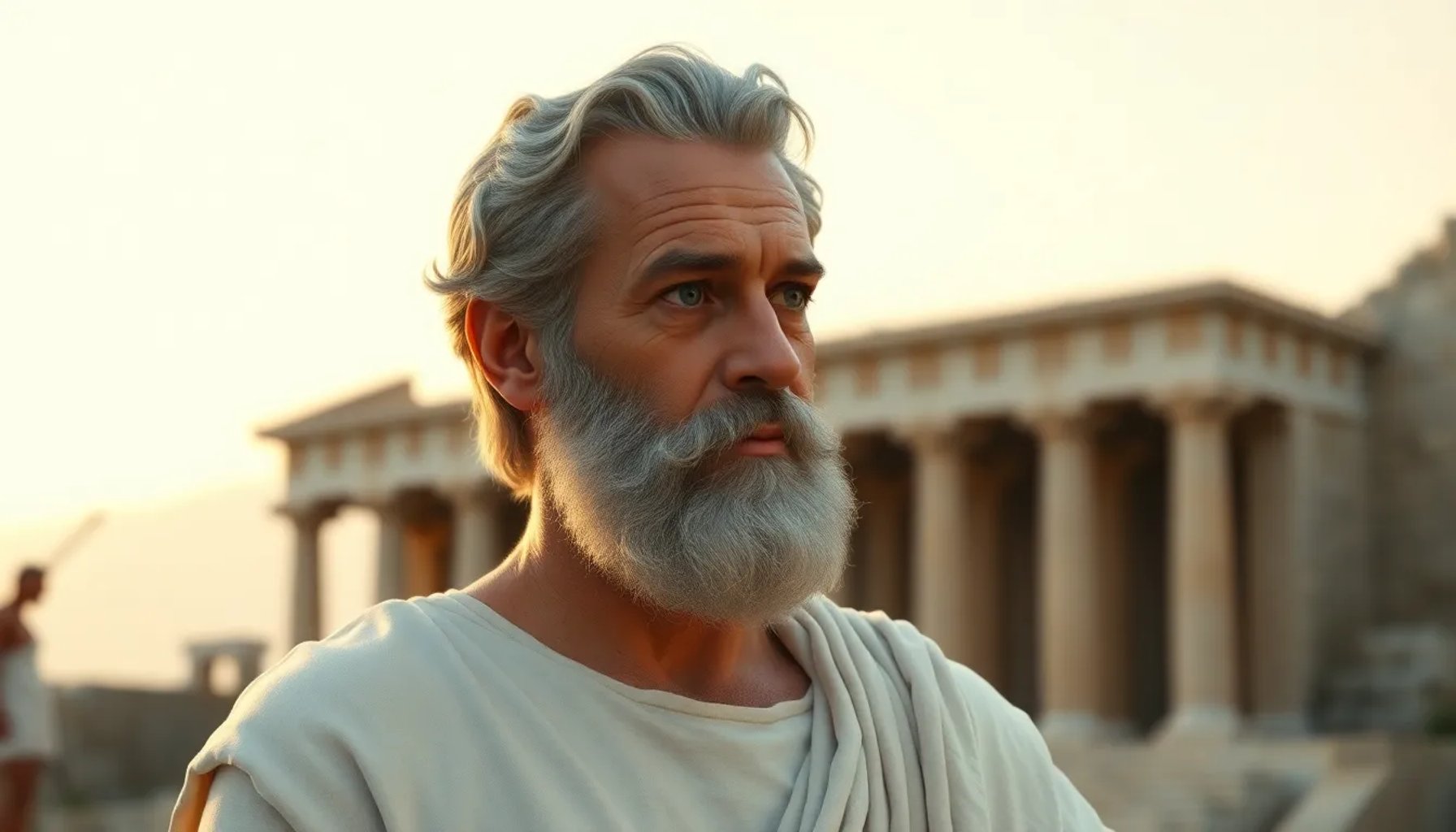 Retrato imaginario de Sócrates mirando serenamente hacia el horizonte