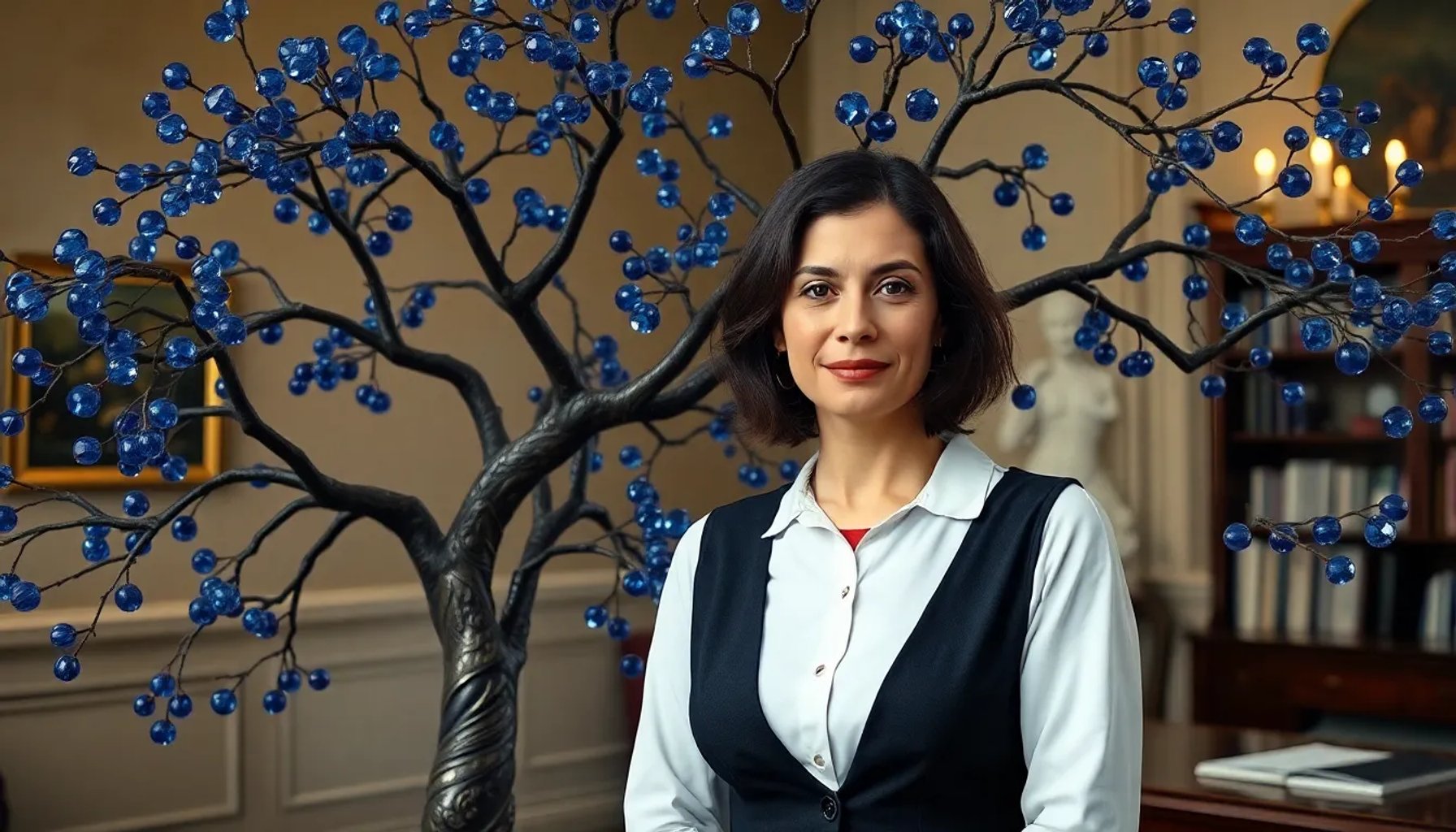 Sonsoles sosteniendo un collar de zafiro junto a un árbol genealógico de ramas de zafiro en una oficina histórica