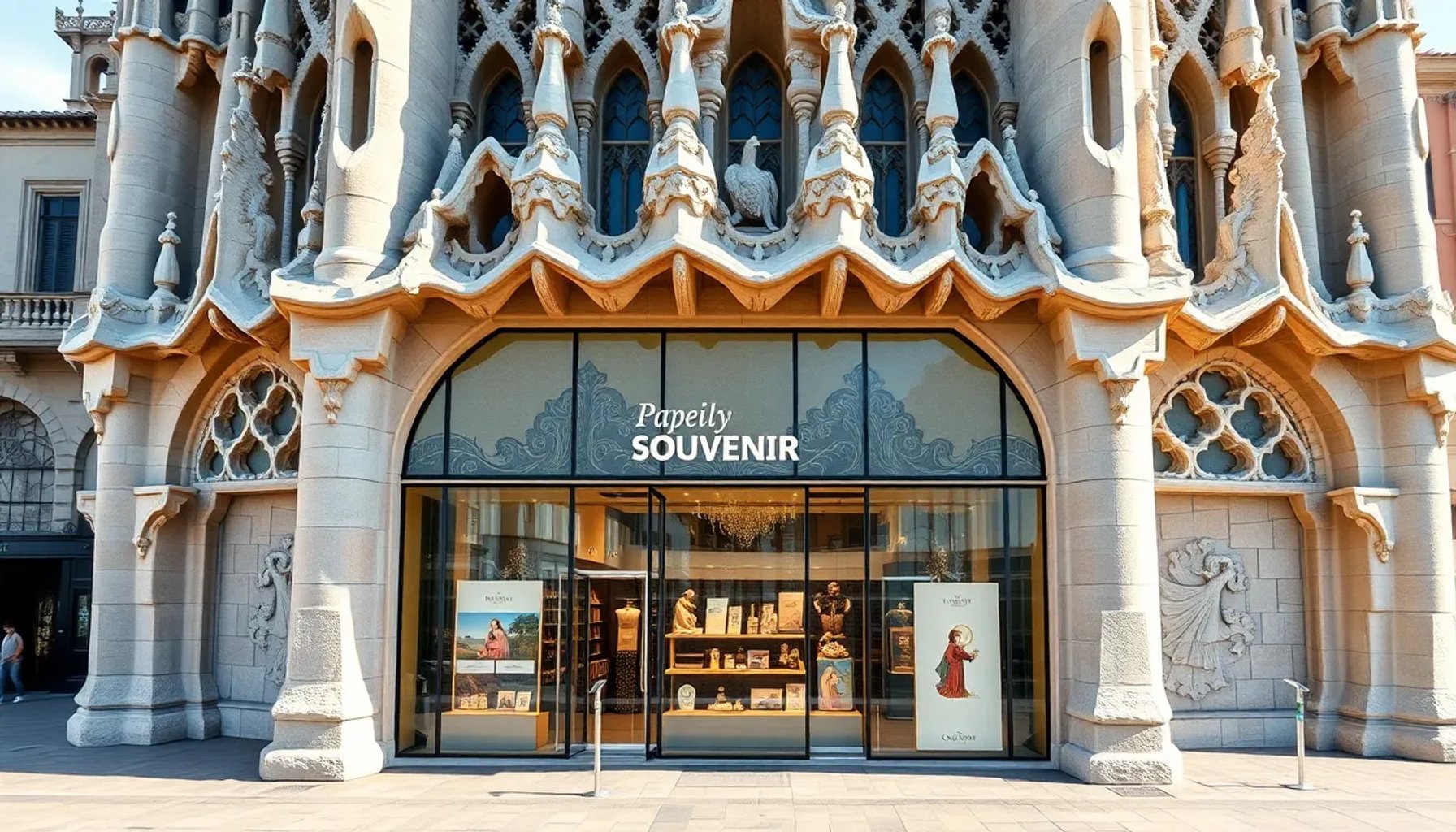 Vista panorámica de la tienda oficial de Souvenir SA junto a la fachada de la Sagrada Família en Barcelona