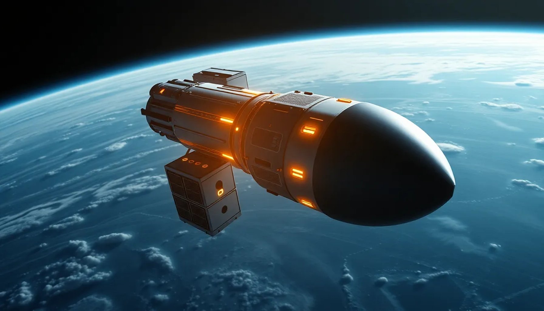 Ilustración de una nave SpaceX sobre la Tierra con módulos de servidores flotando en el espacio