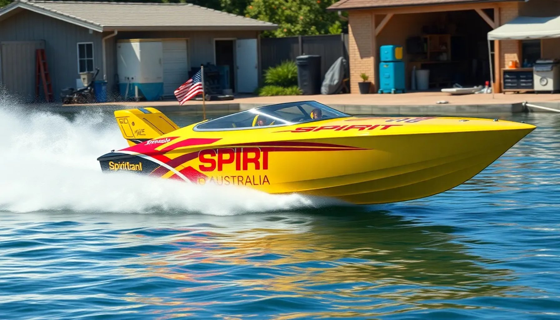 Spirit of Australia speedboat racing on water, sleek design, bright colors, captured from a dynamic angle
