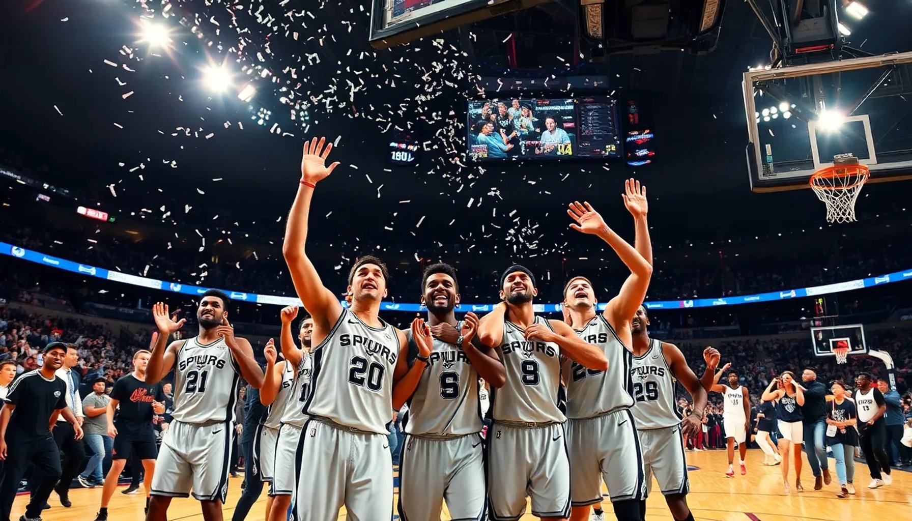 Jugadores de los San Antonio Spurs celebrando la victoria contra el Oklahoma City Thunder en el AT&T Center