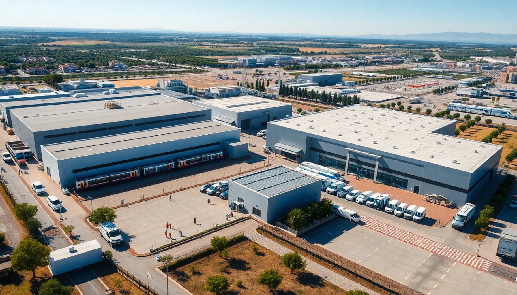 Vista aérea de las fábricas de Stadler y Ford en Valencia con estructuras industriales y vehículos en primer plano