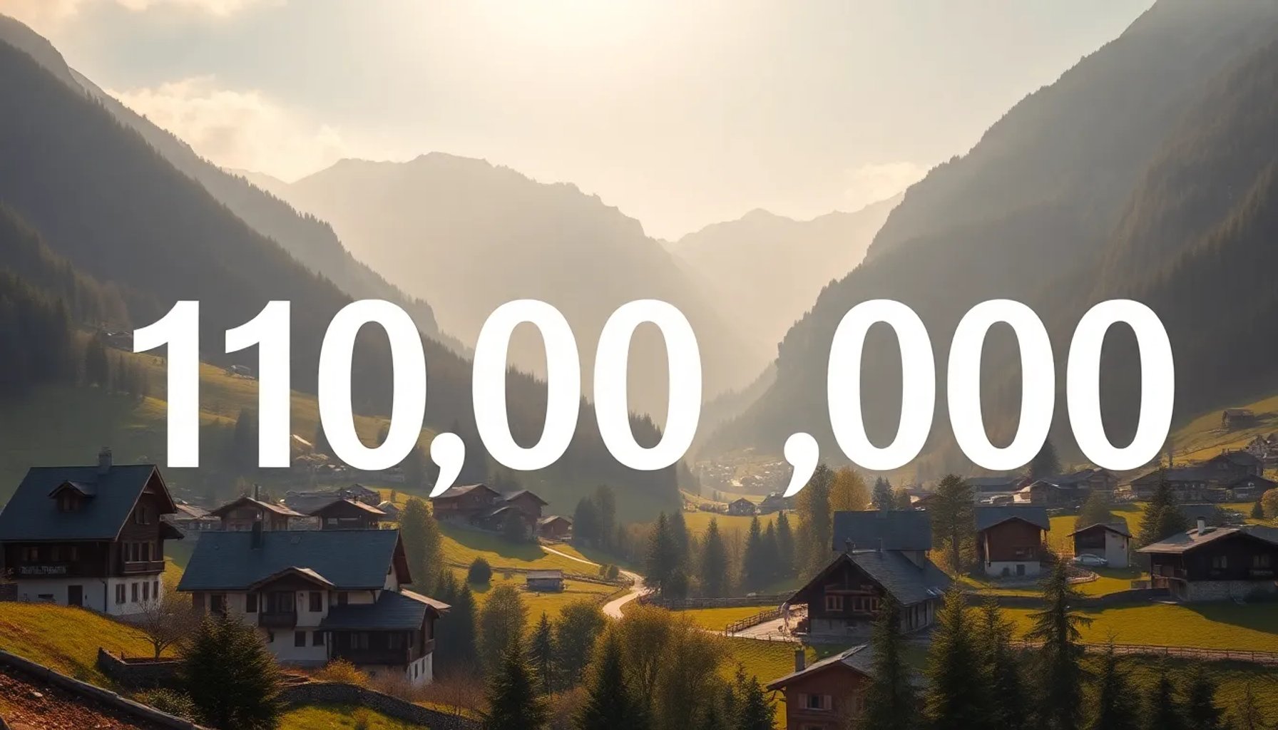 Ilustración de un paisaje suizo con montañas y una cifra de 10 millones sobrepuesta, reflejando el debate demográfico.