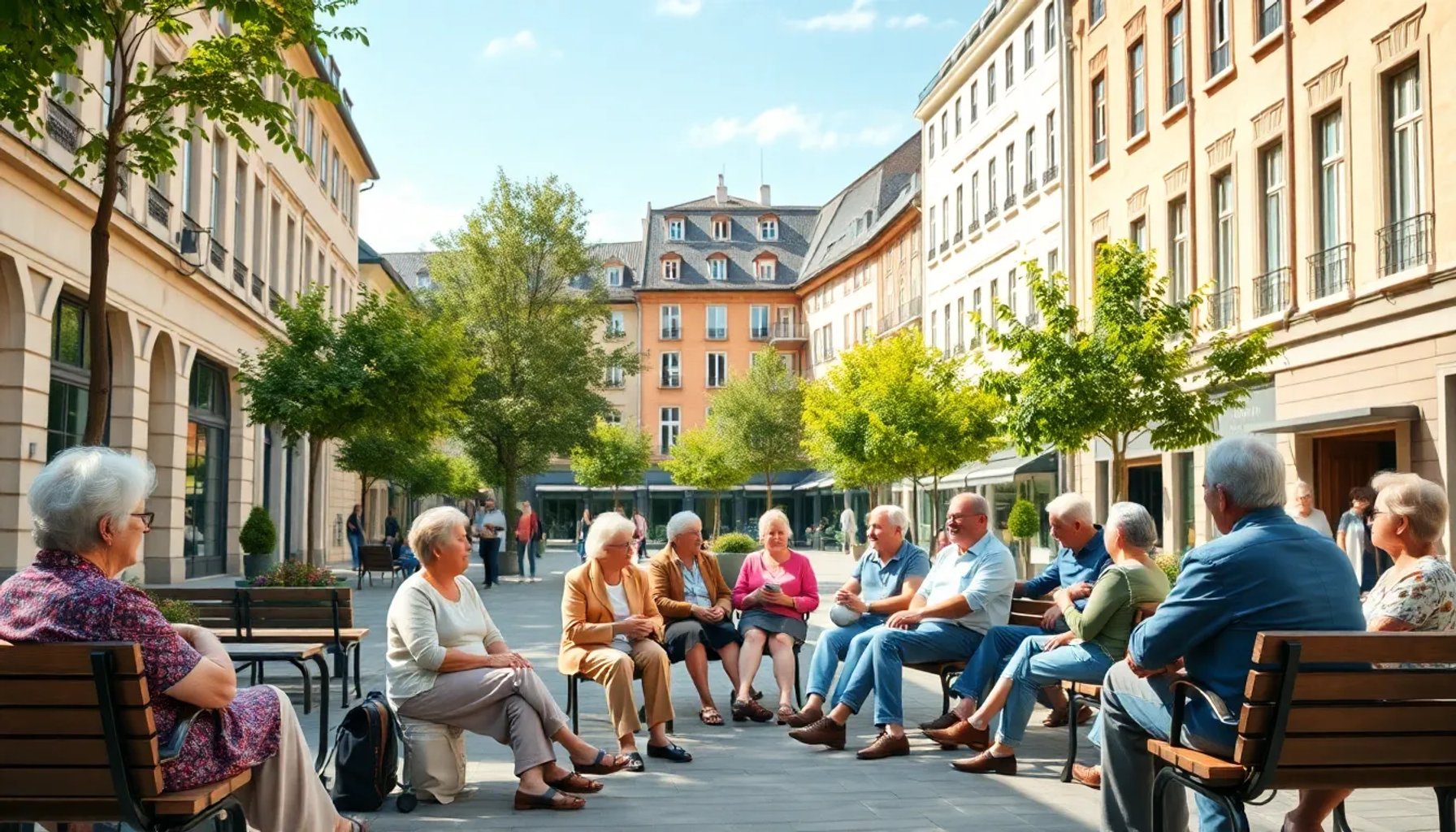 Imagen de un grupo de personas mayores disfrutando de una plaza urbana en Suiza, simbolizando seguridad y bienestar en la jubilación