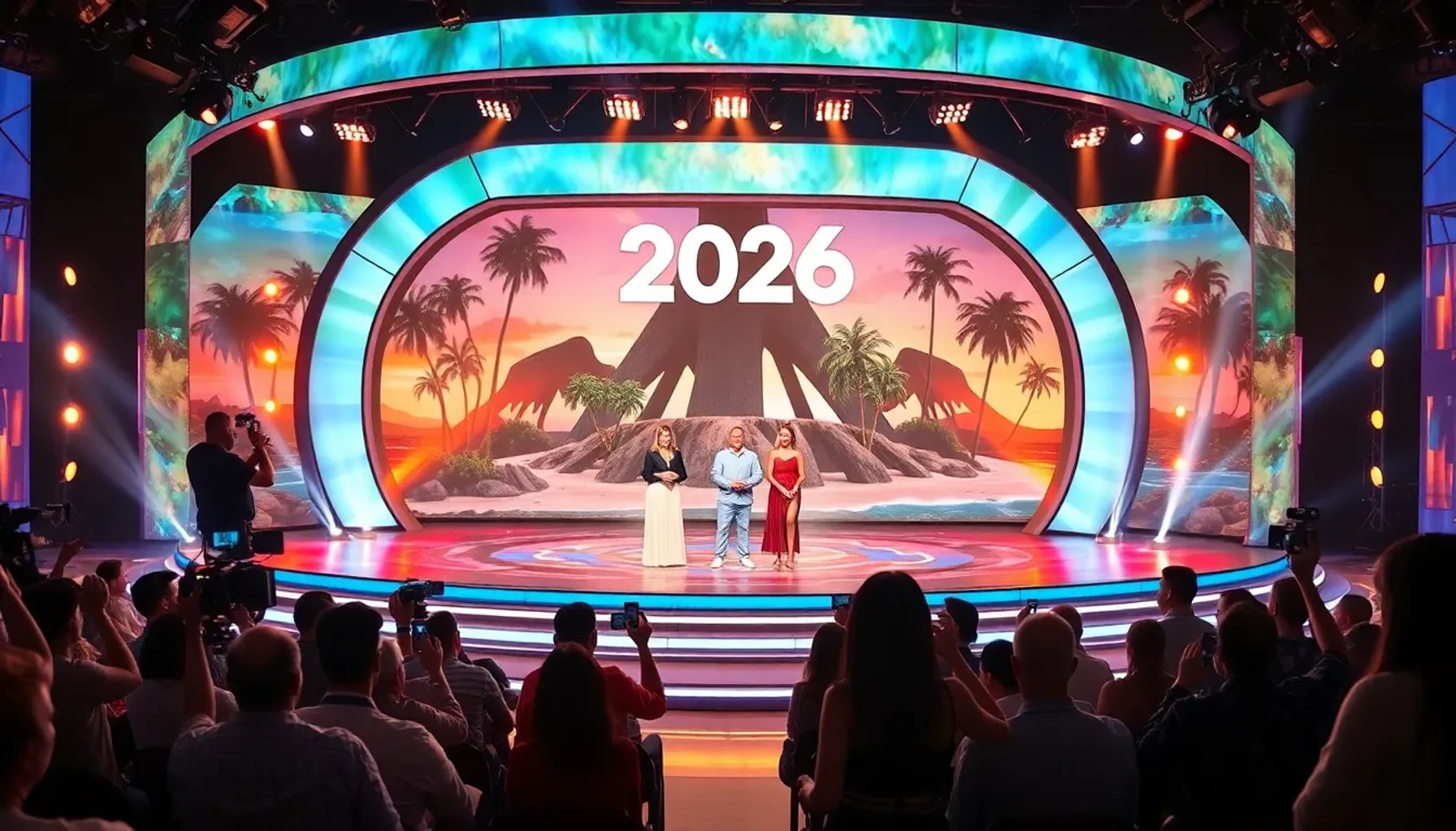 Plató de Telecinco con los finalistas de Supervivientes 2026 bajo luces del escenario