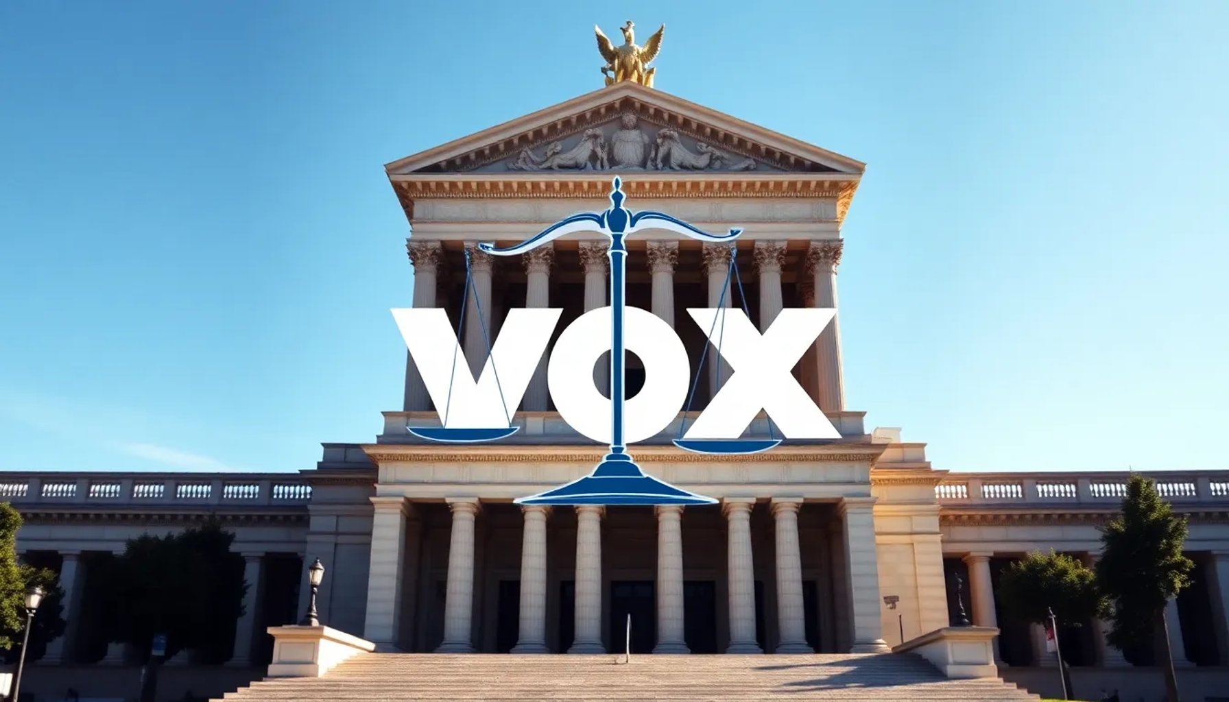 Imagen del edificio del Tribunal Supremo con la balanza de la justicia sobre el escudo de Vox