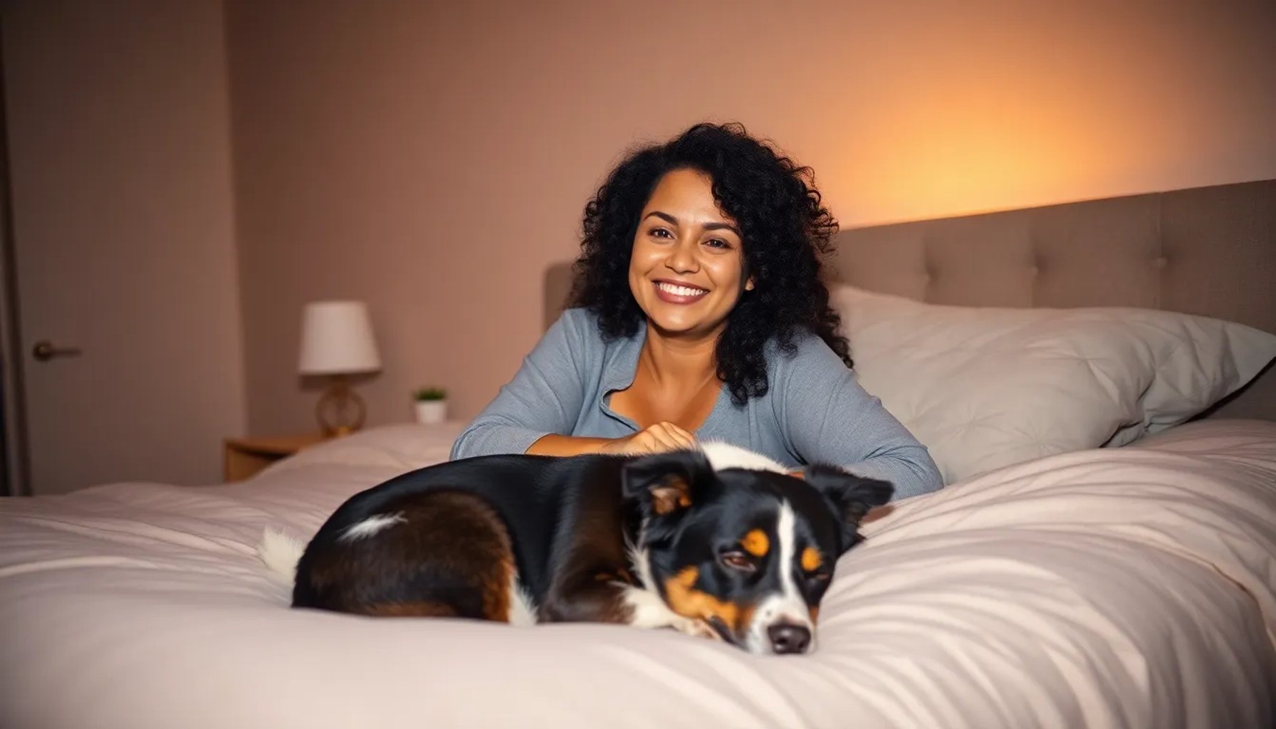 Susi Caramelo sonriendo mientras su perro Pablito duerme tranquilo a sus pies en una cama acogedora