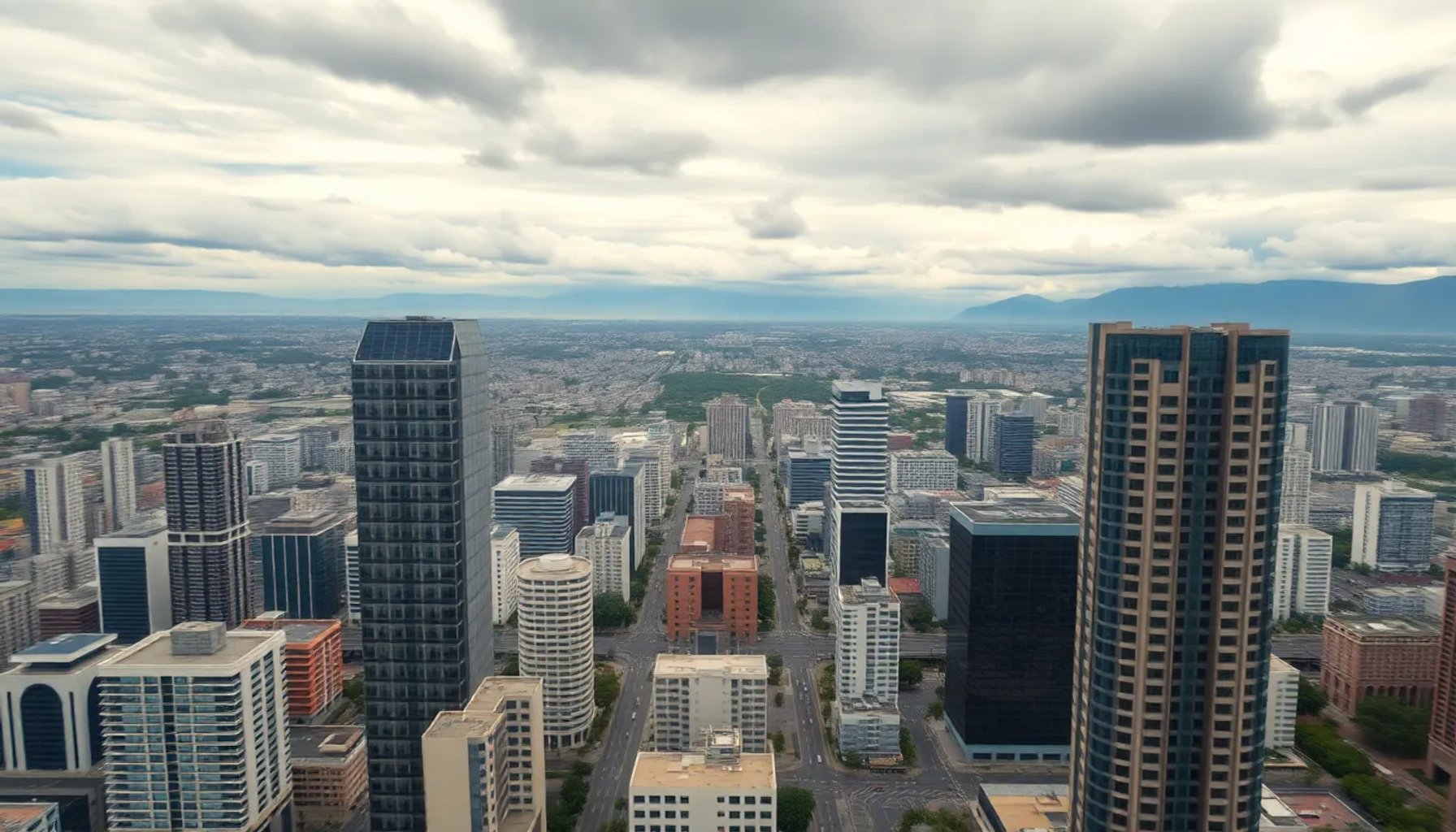 Vista panorámica de la ciudad de Caracas con edificios temblando y una señal de alerta sísmica sobre el horizonte