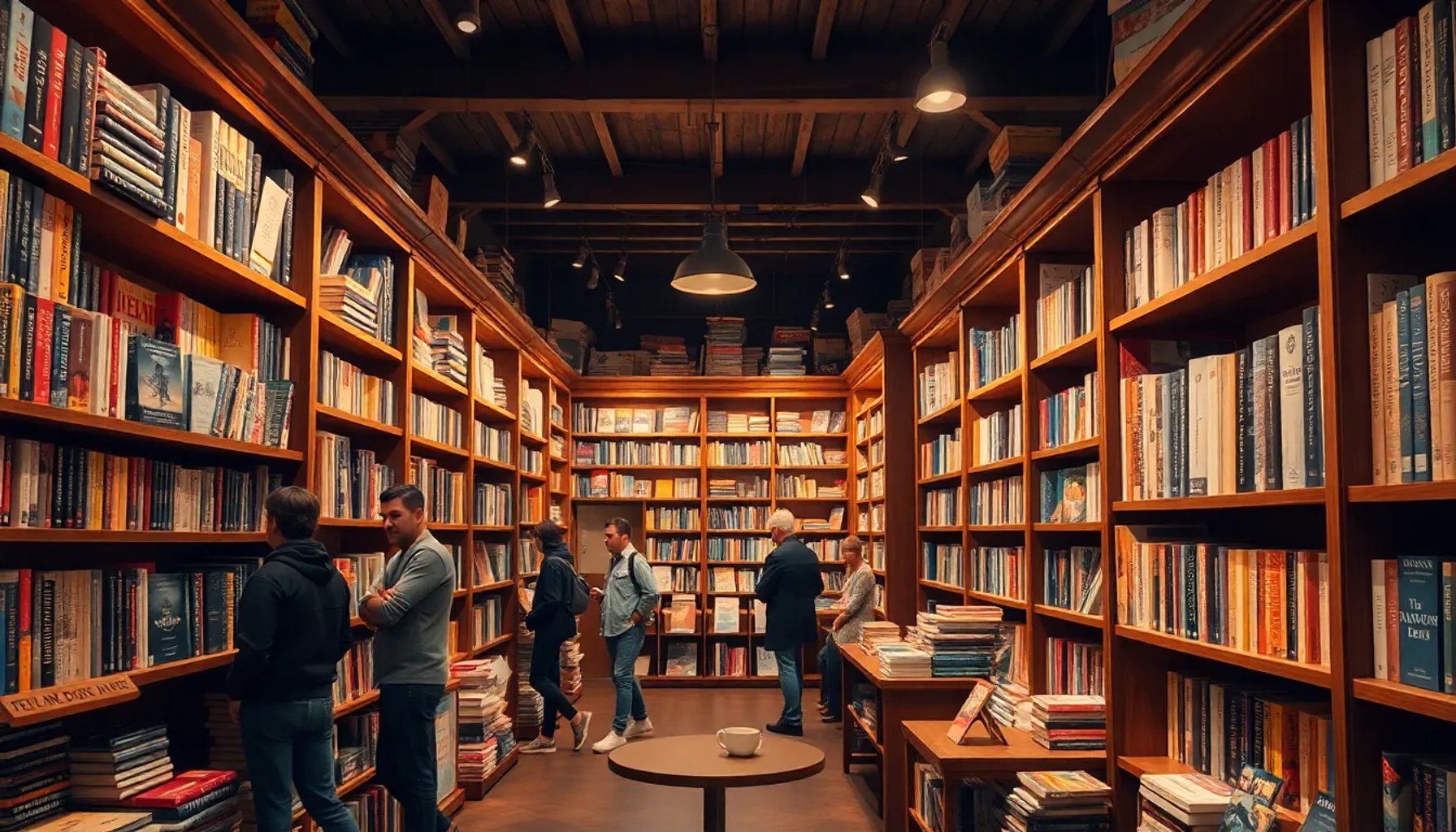 Estantería de libros en una librería independiente española con luz cálida y lectores curiosos