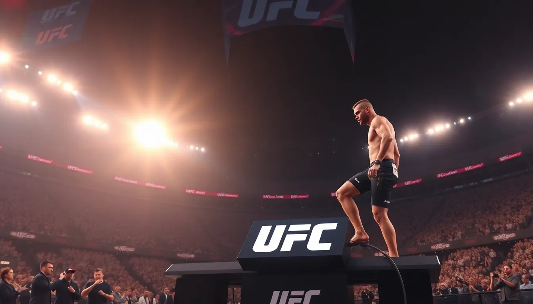 Pesaje del UFC Casa Blanca con luchadores sobre la balanza bajo luces intensas en una arena llena de público