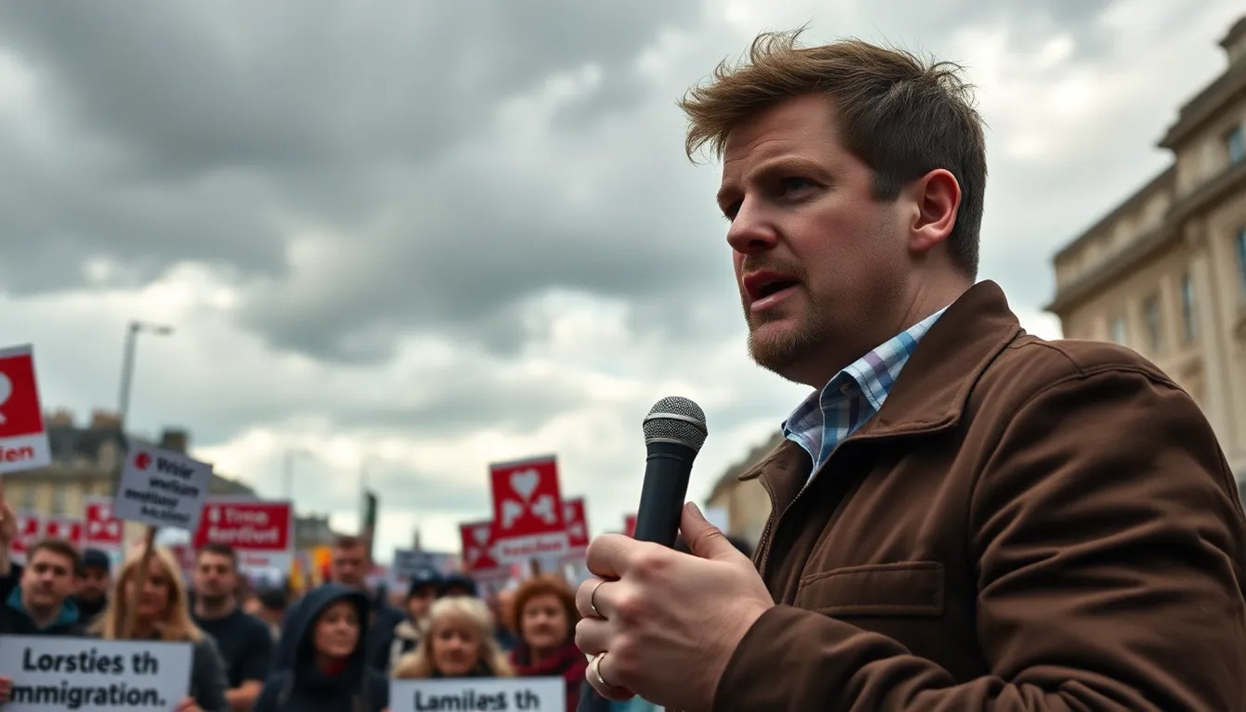 Tommy Robinson frente a una multitud en una protesta antiinmigración en Londres, 2026