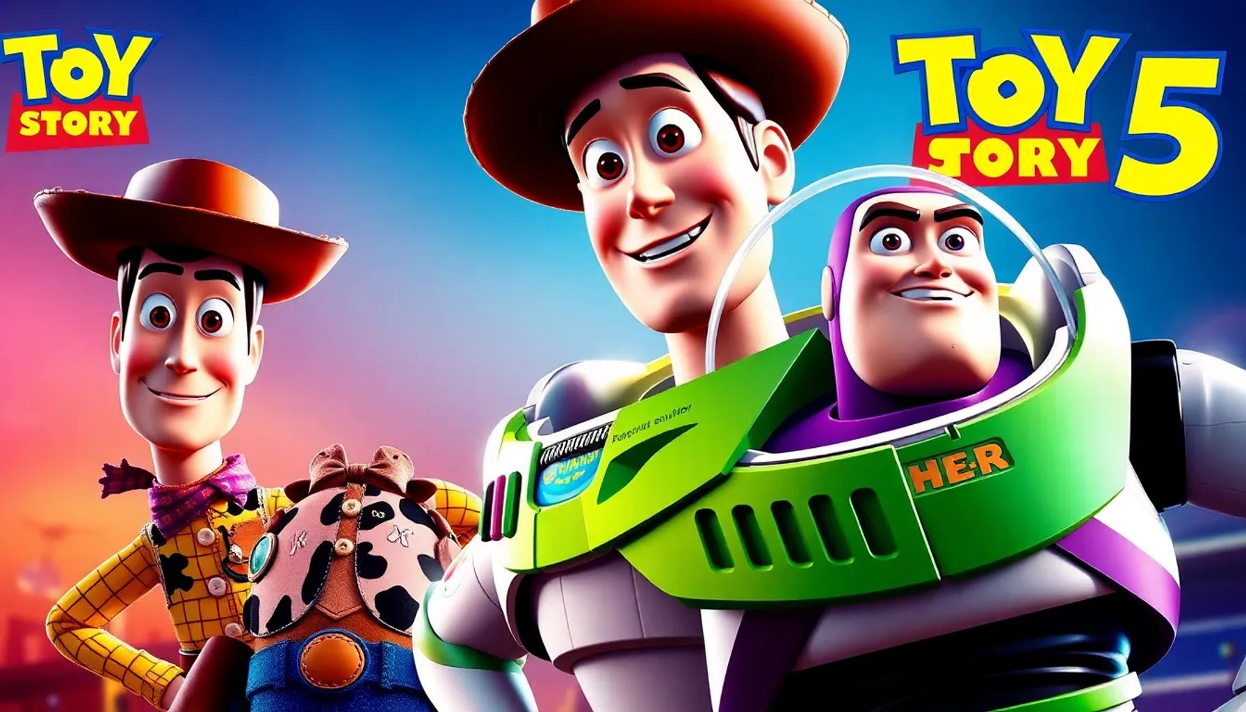 Cartel de Toy Story 5 mostrando a Woody, Buzz y el nuevo personaje en un fondo colorido