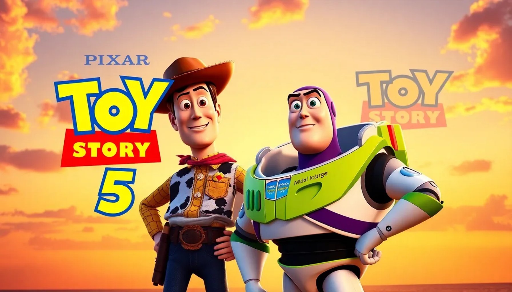 Cartel promocional de Toy Story 5 mostrando a Woody, Buzz y un nuevo robot futurista frente a un cielo crepuscular