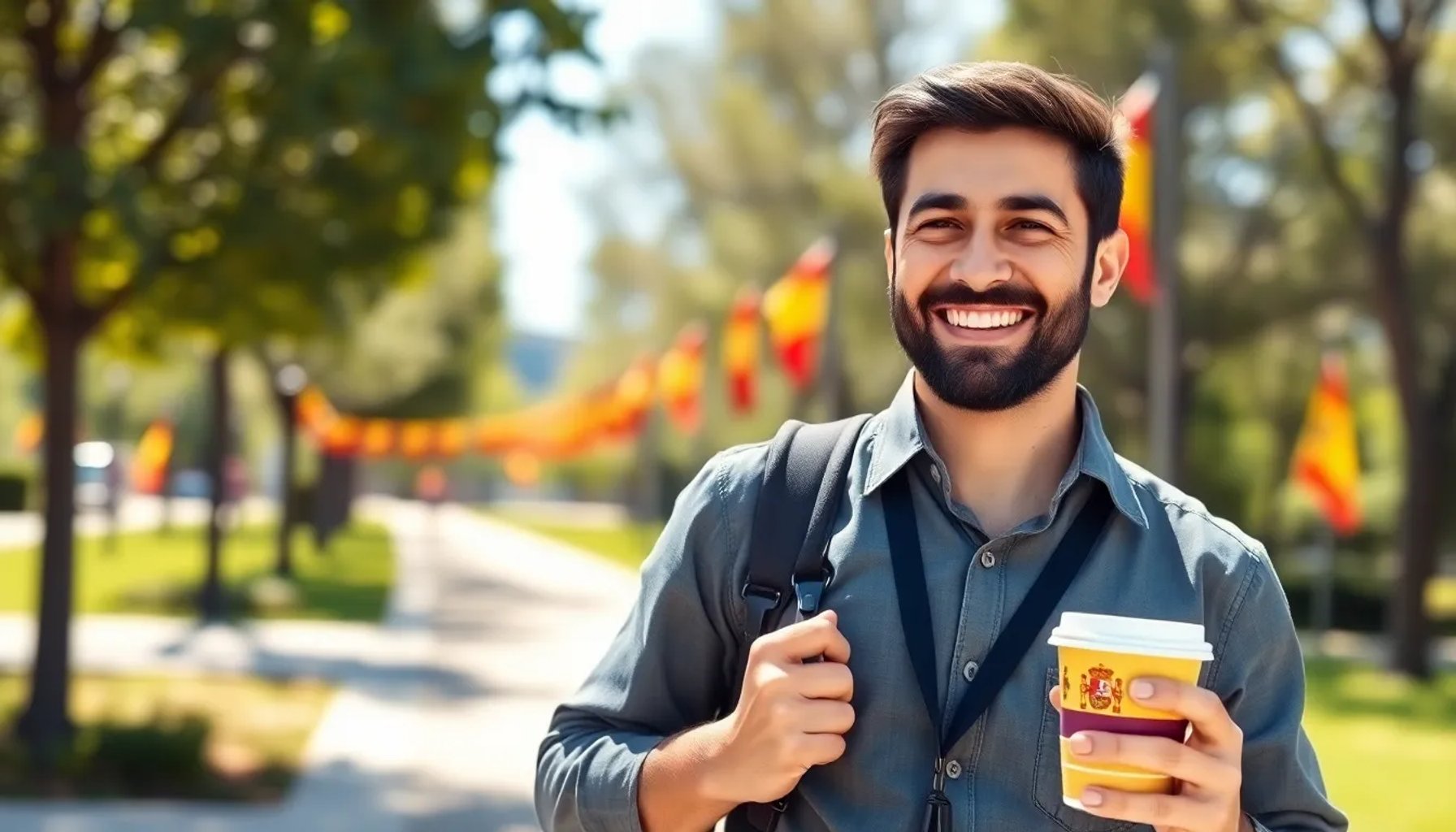 Empleado español sonriente disfrutando de su día festivo al aire libre