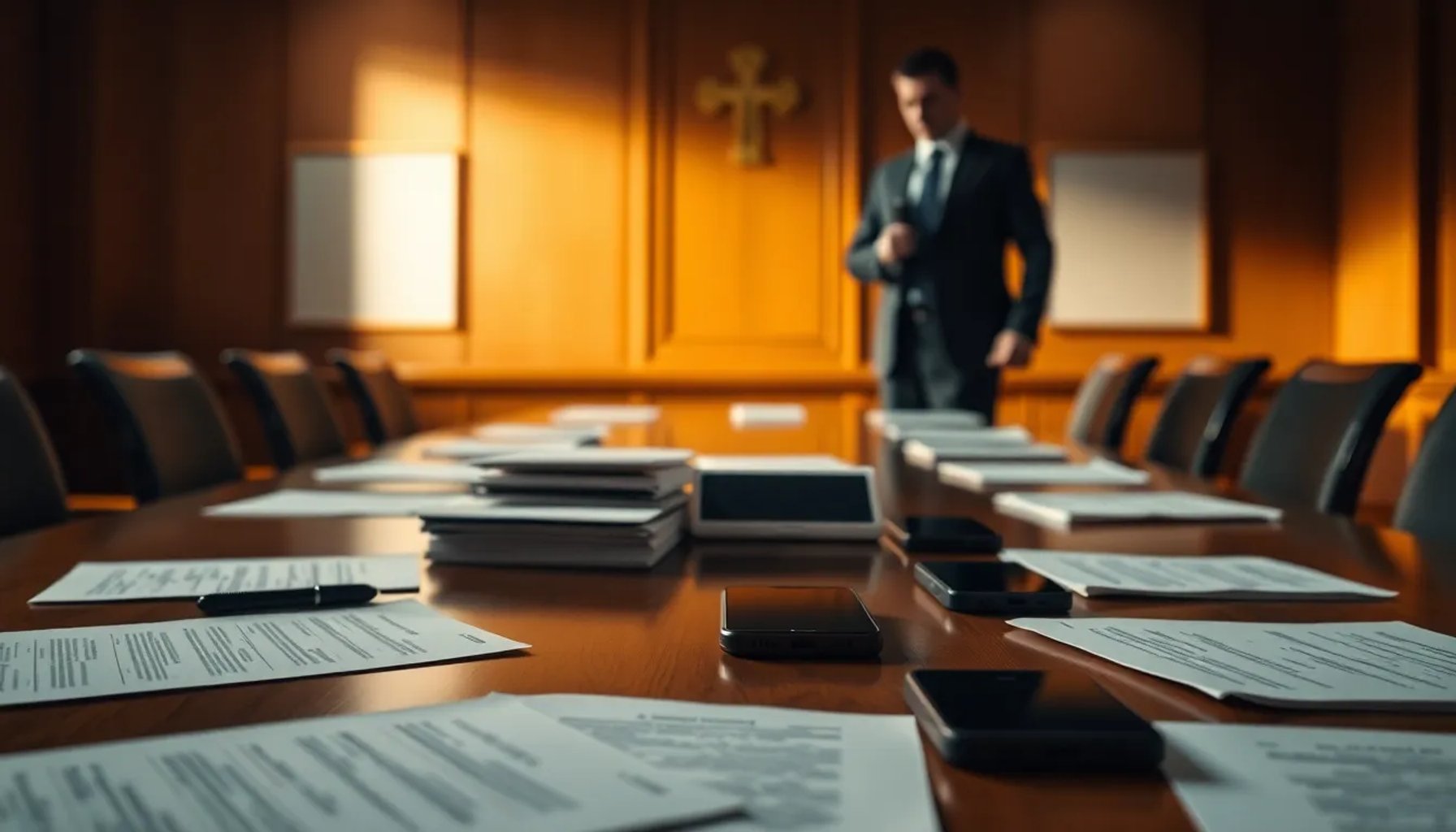 Imagen que muestra una sala de juzgados con documentos y teléfonos móviles sobre la mesa, simbolizando la investigación judicial