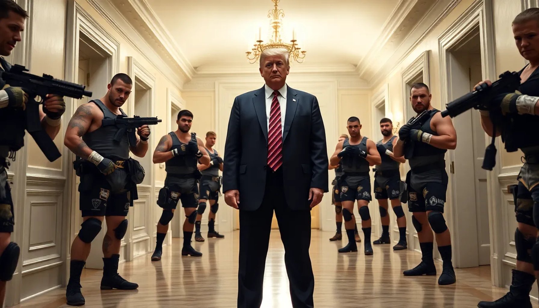 Donald Trump en la Casa Blanca rodeado de luchadores de artes marciales mixtas durante su celebración de 80 años